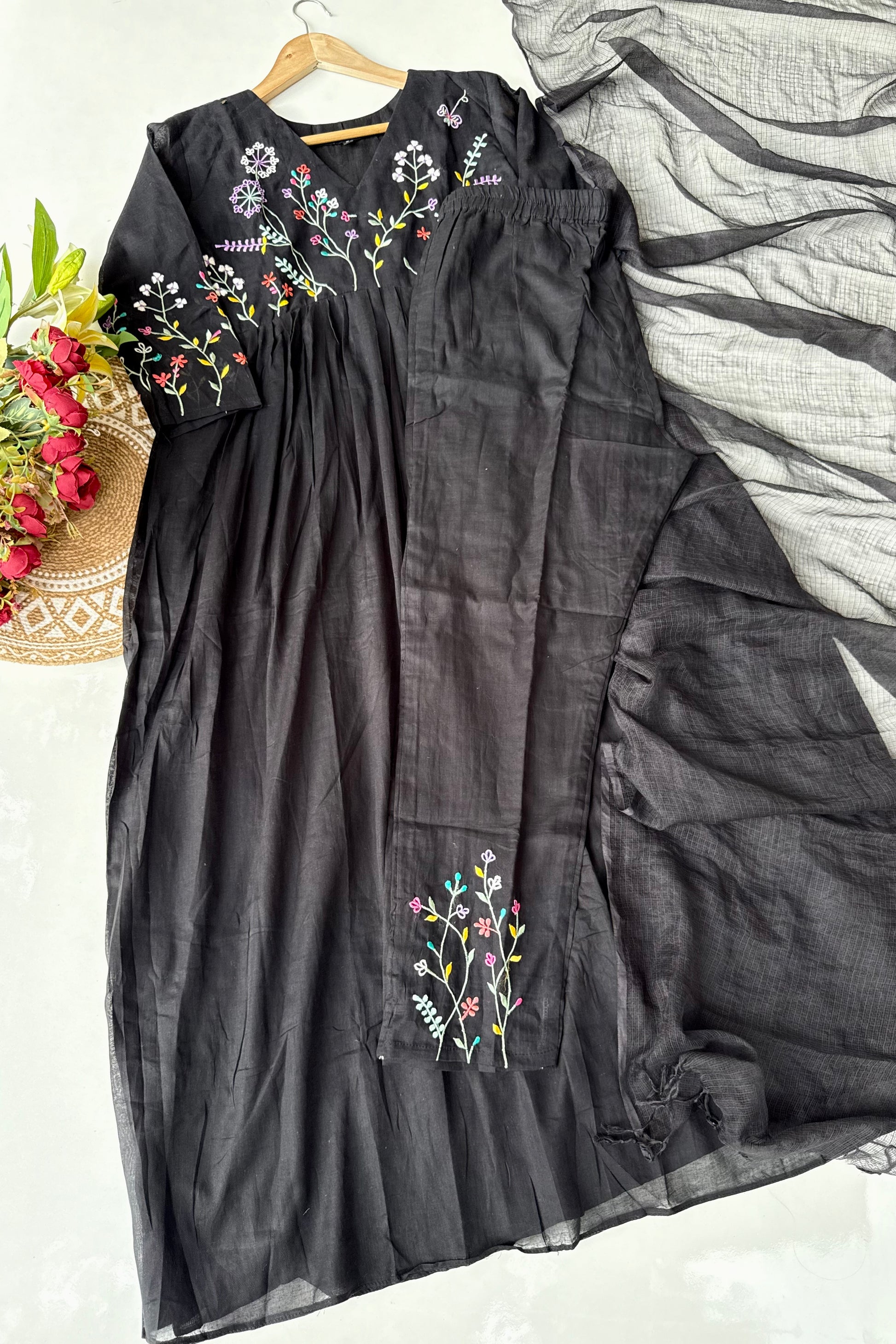 “Ziva” Beautiful Mul Cotton Embroidered Anarkali Kurta Set
