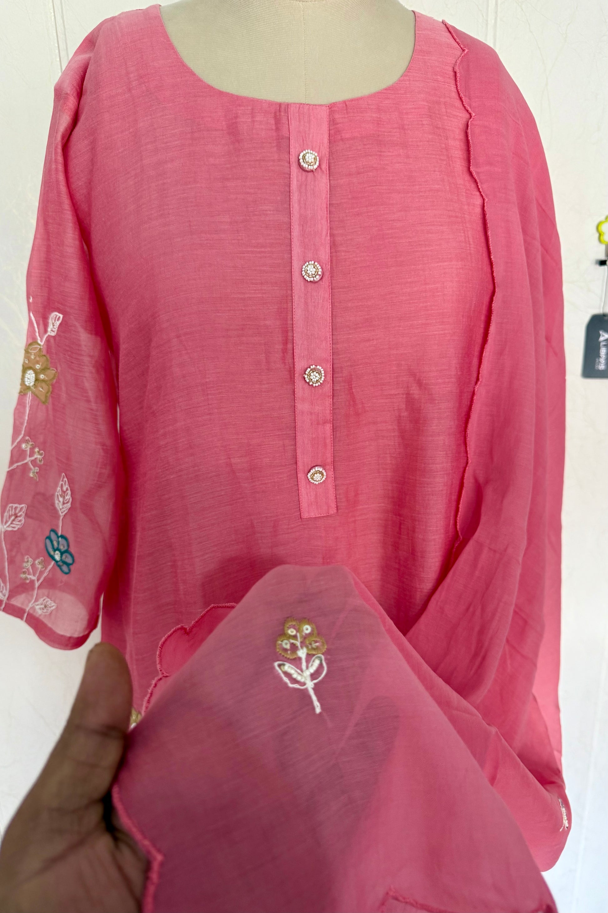 “Thread” Premium Bloom Pink Mul Chanderi A Line kurta set