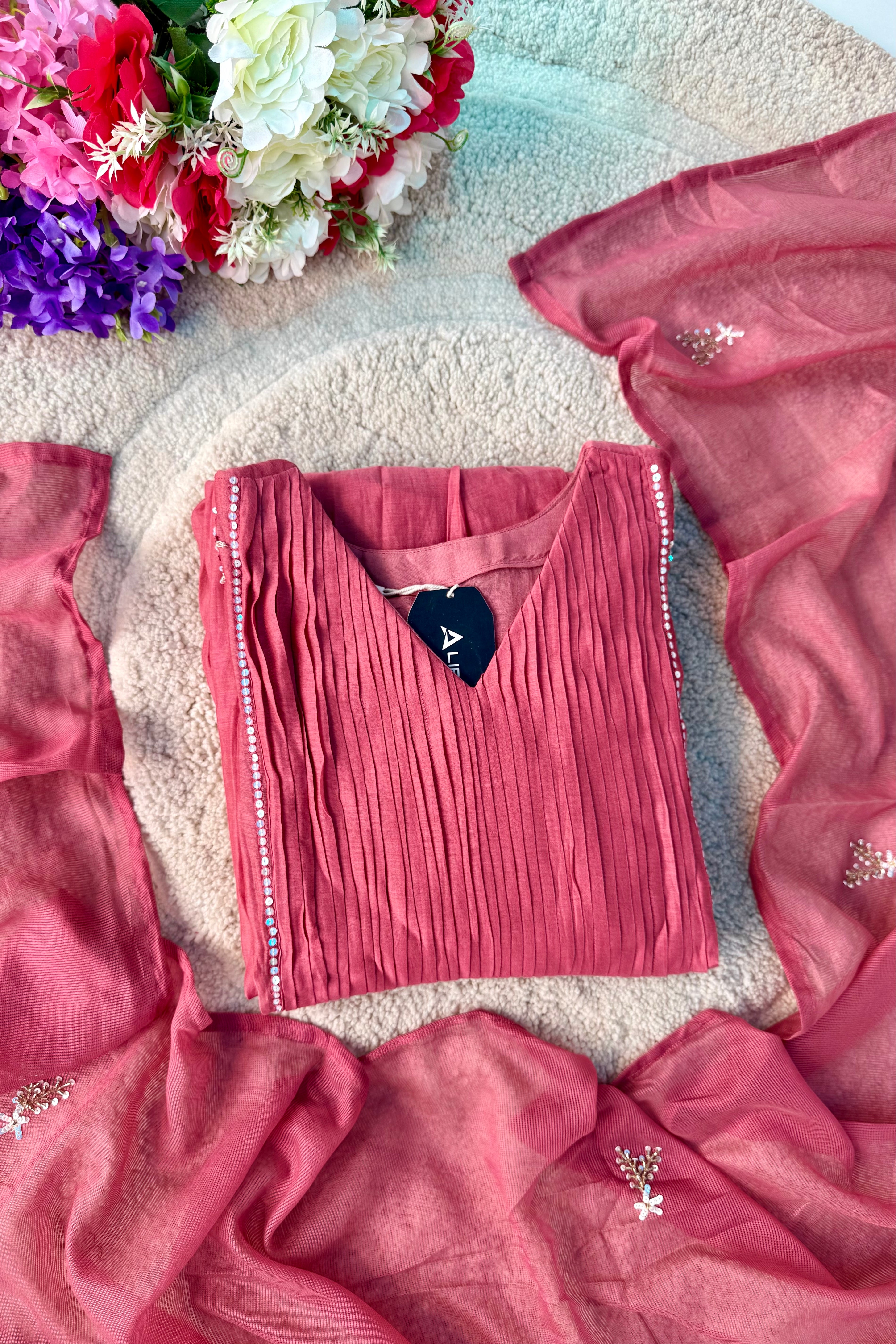 🛍️”Daisy –  Premium Red Mul Chanderi A Line Kurta Set