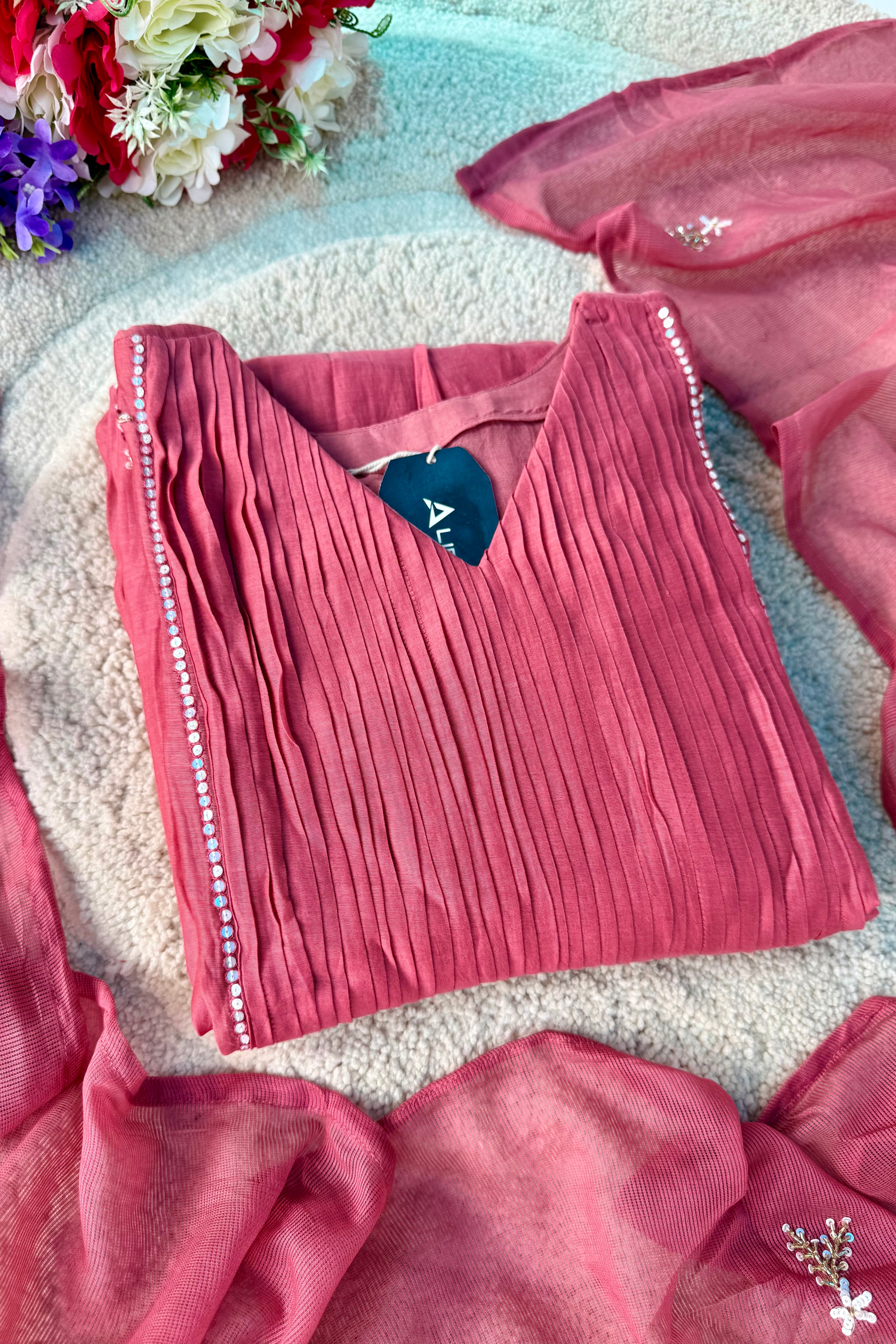 🛍️”Daisy –  Premium Red Mul Chanderi A Line Kurta Set