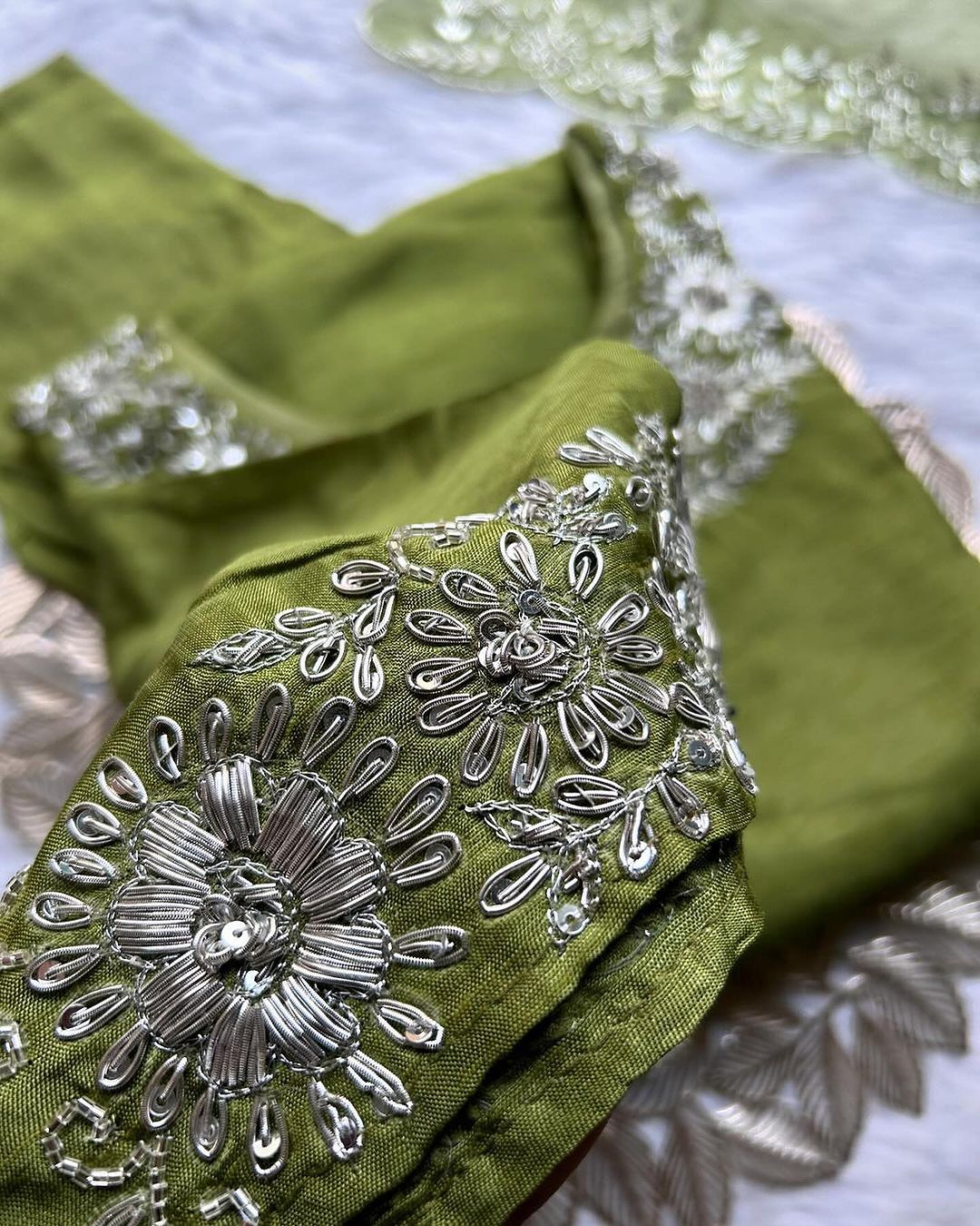 ‘’Punam” Beautiful Silver zardozi work dola silk set