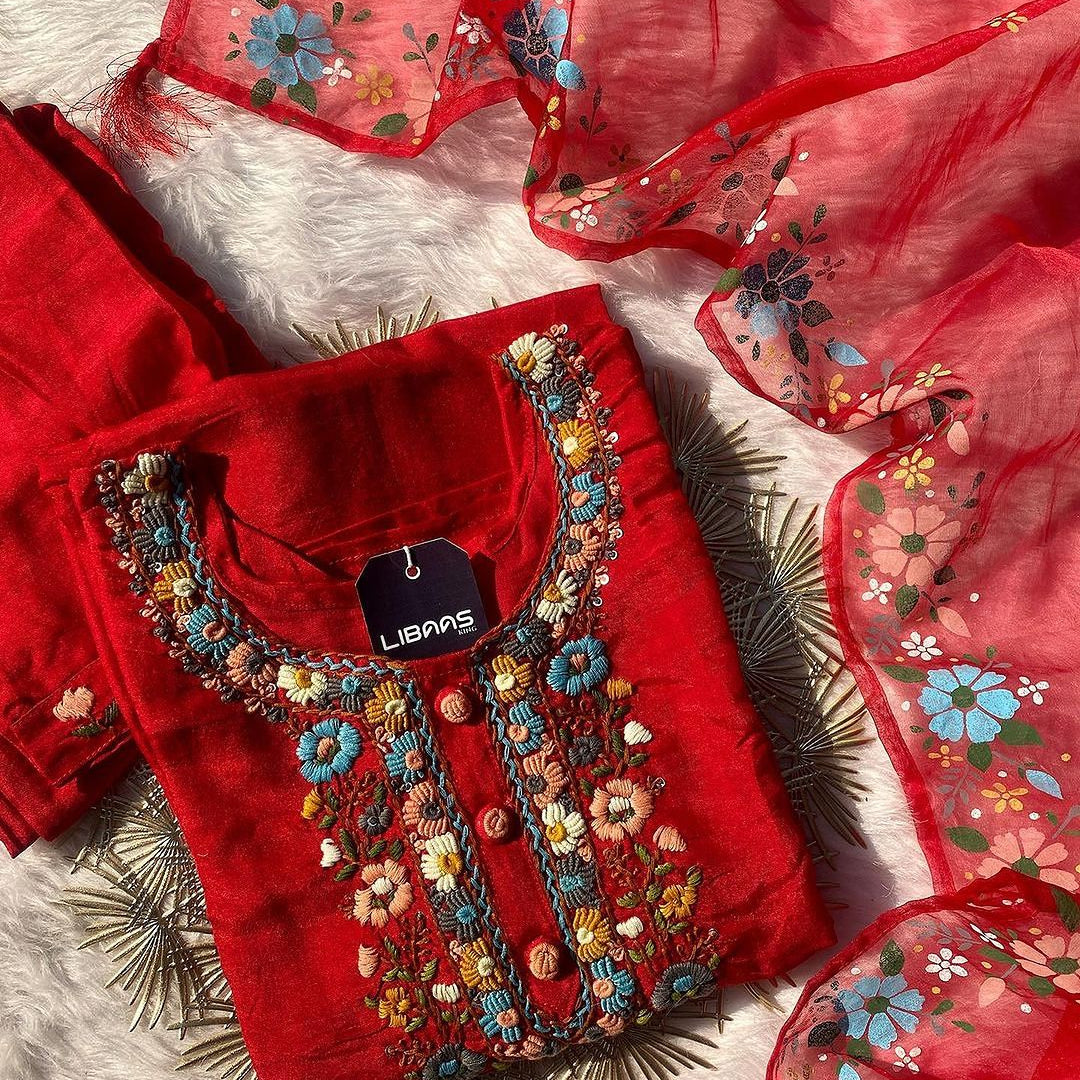 ‘’KASHISH” Handcrafted Dola Silk Kurta Dupatta Bottom Set
