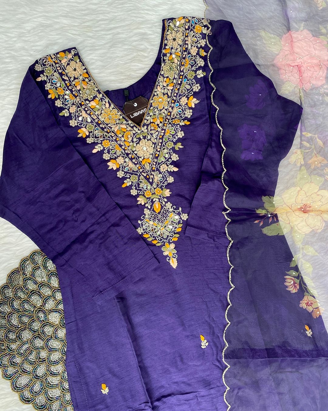 “Kiran” heavy handwork dola silk kurti bottom with dupatta set