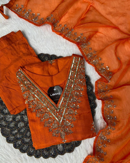 “Zeba” Orange shade Heavy handwork dola silk set