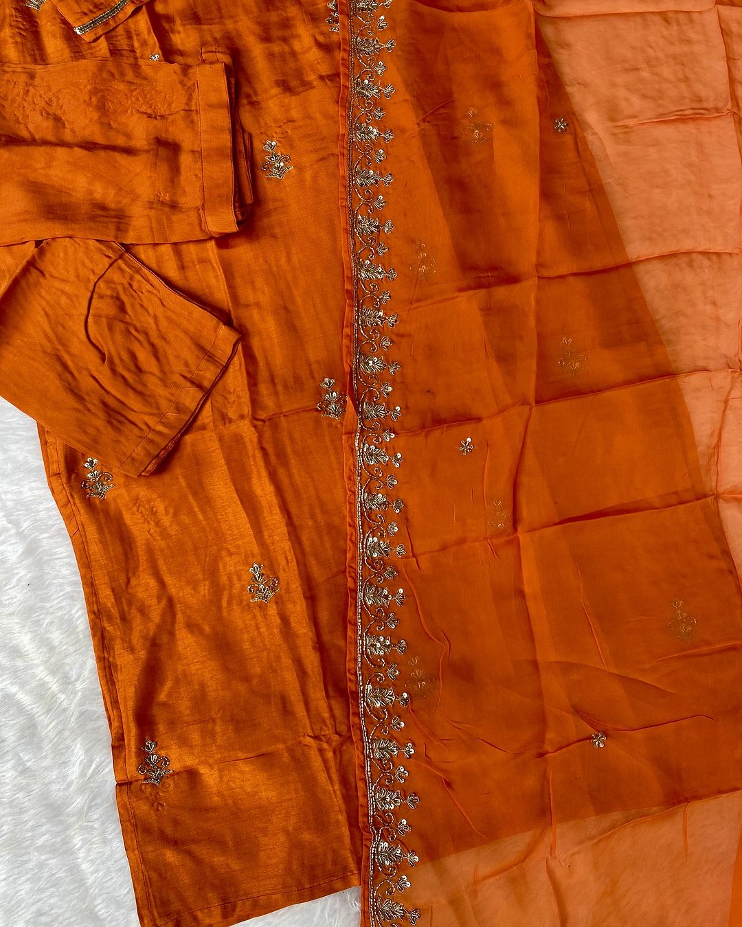 “Zeba” Orange shade Heavy handwork dola silk set