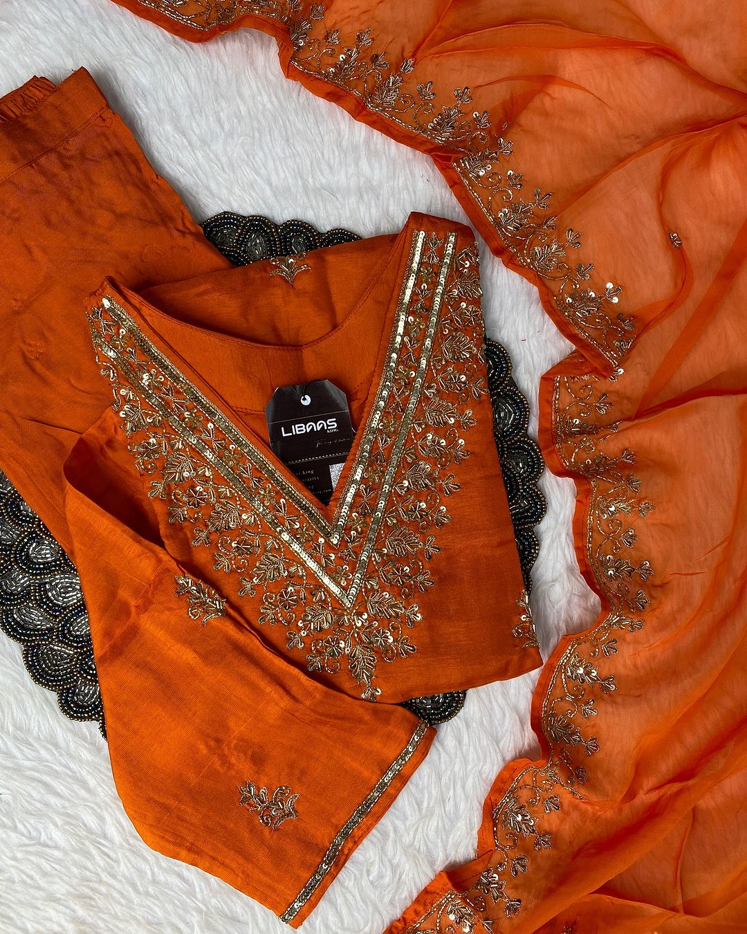 “Zeba” Orange shade Heavy handwork dola silk set