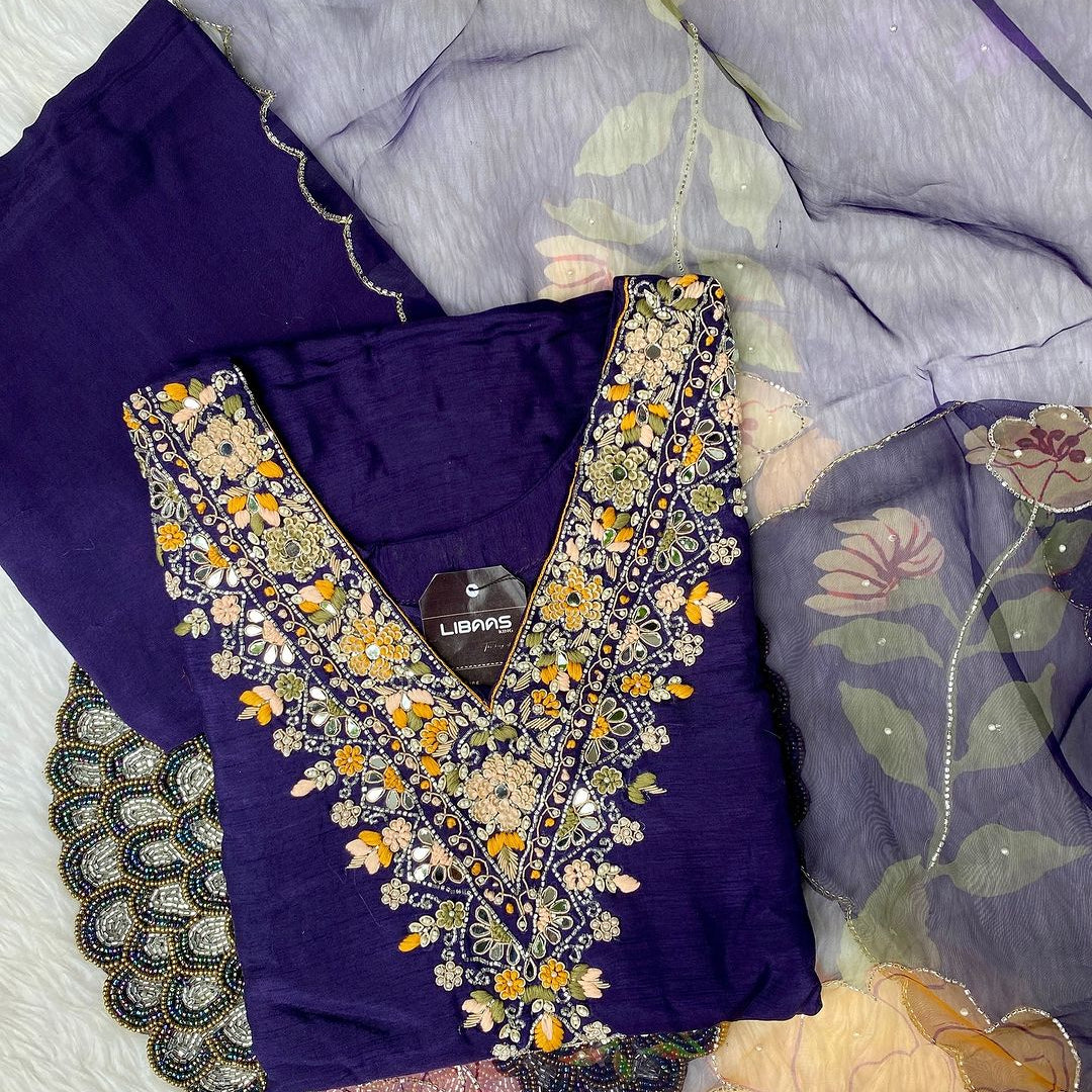 “Kiran” heavy handwork dola silk kurti bottom with dupatta set