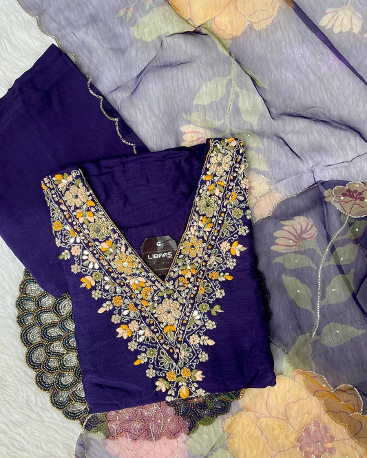 “Kiran” heavy handwork dola silk kurti bottom with dupatta set