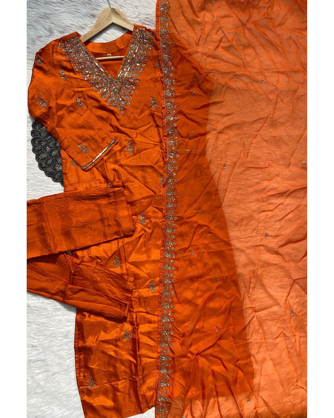 “Zeba” Orange shade Heavy handwork dola silk set