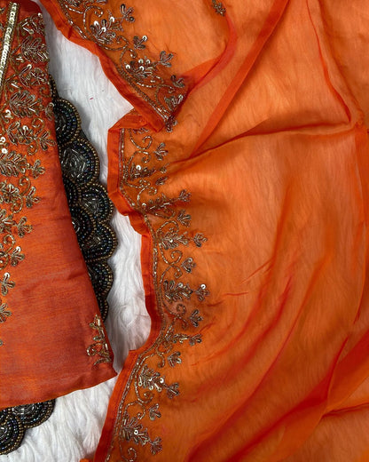 “Zeba” Orange shade Heavy handwork dola silk set