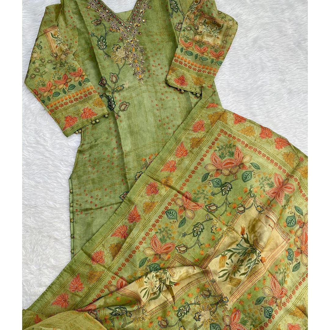 “NAYAB” Tissue silk printed and handwork kurti set