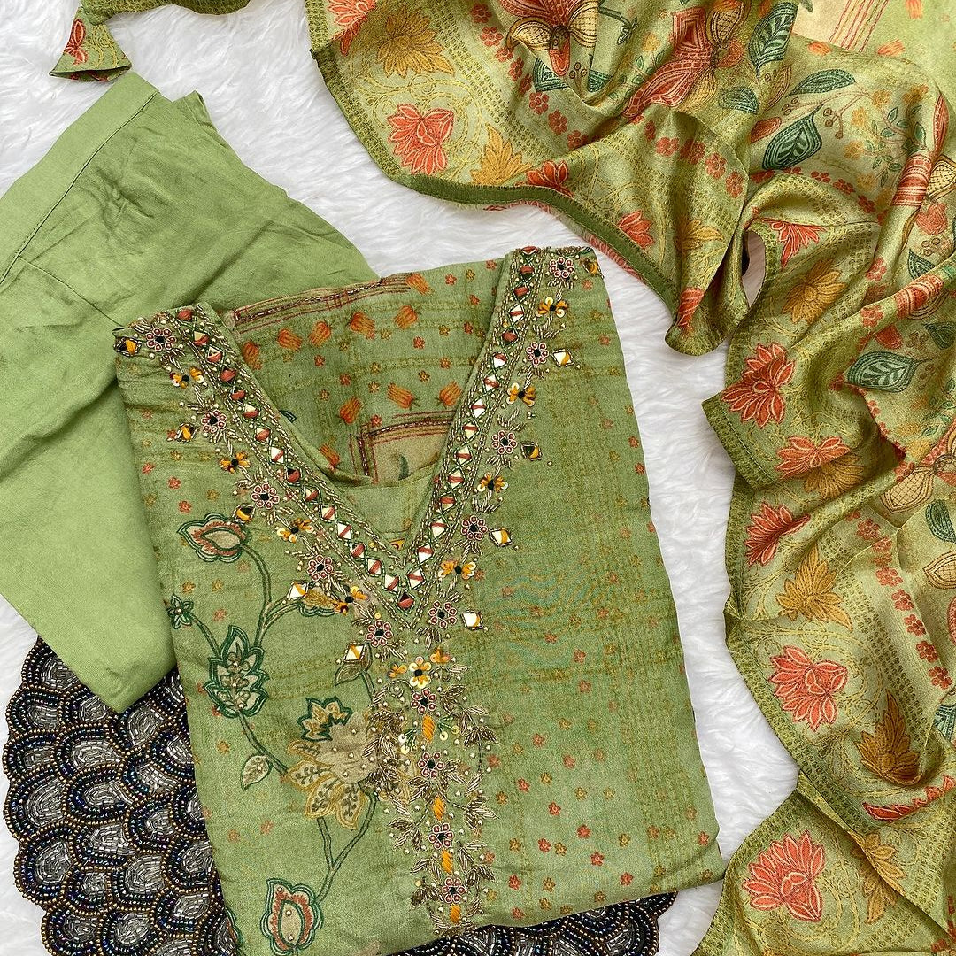 “NAYAB” Tissue silk printed and handwork kurti set