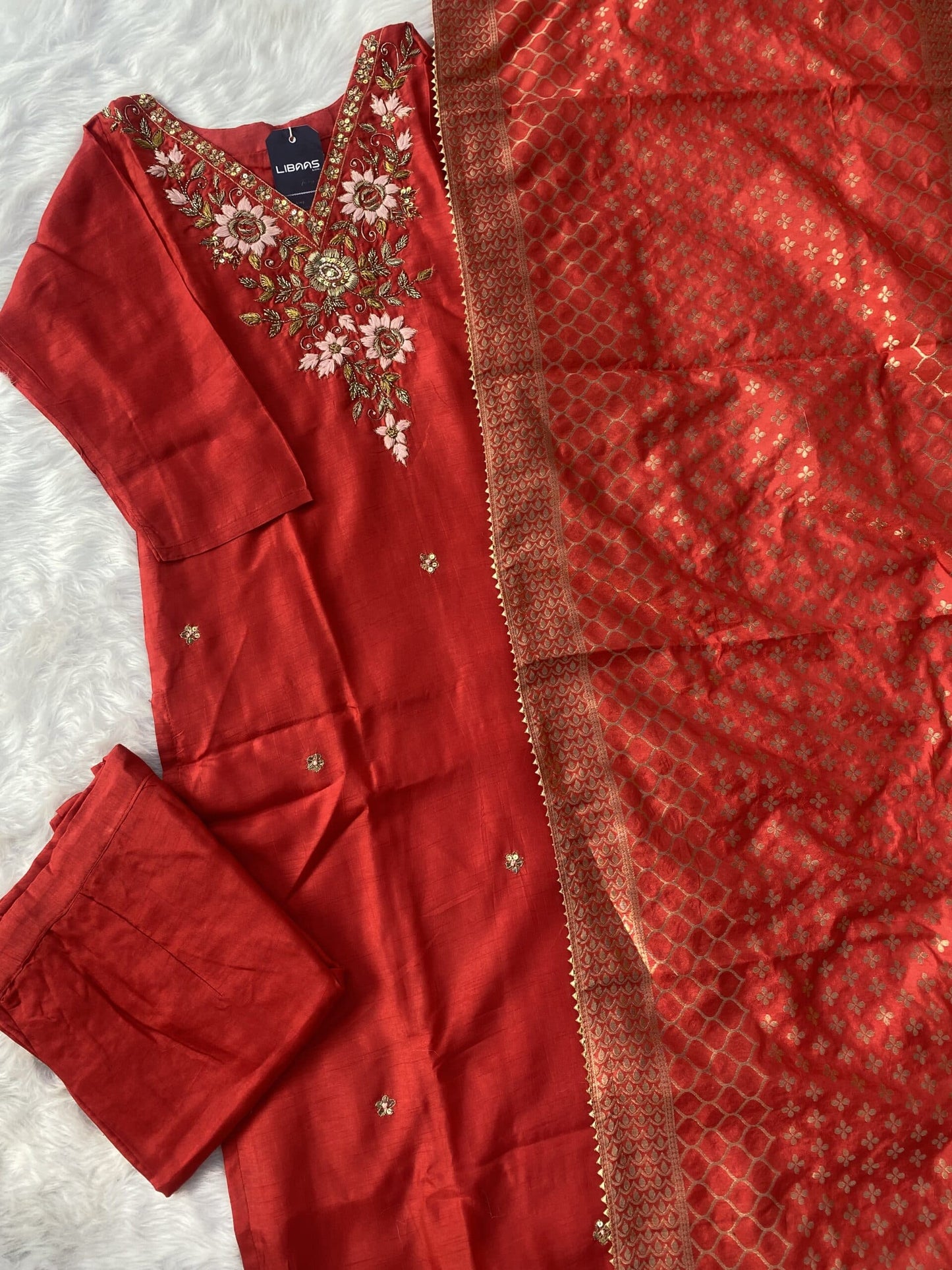 “Aabroo” Premium handcrafted dola silk kurti dupatta bottom set