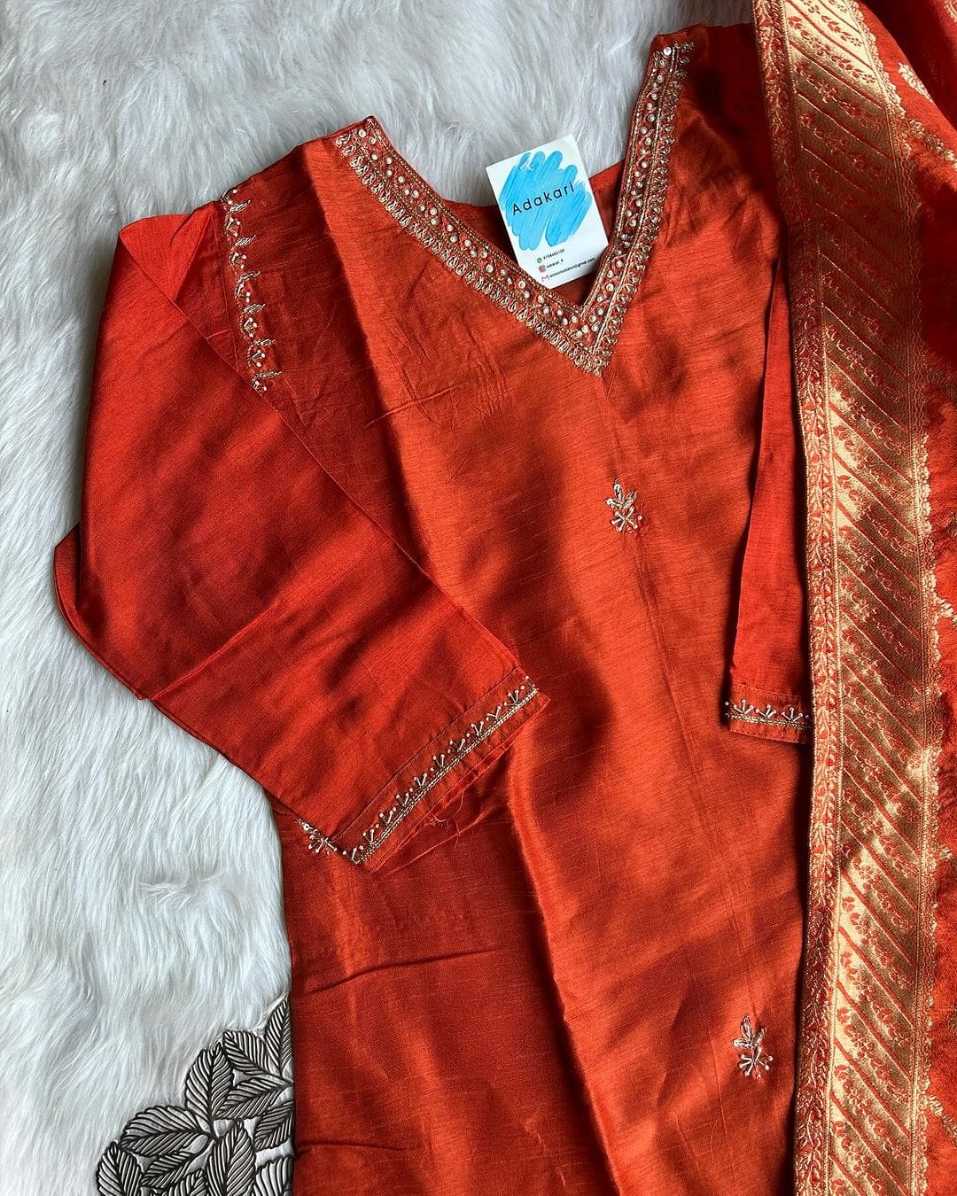 ‘’RUST” orange banarsi dola silk set