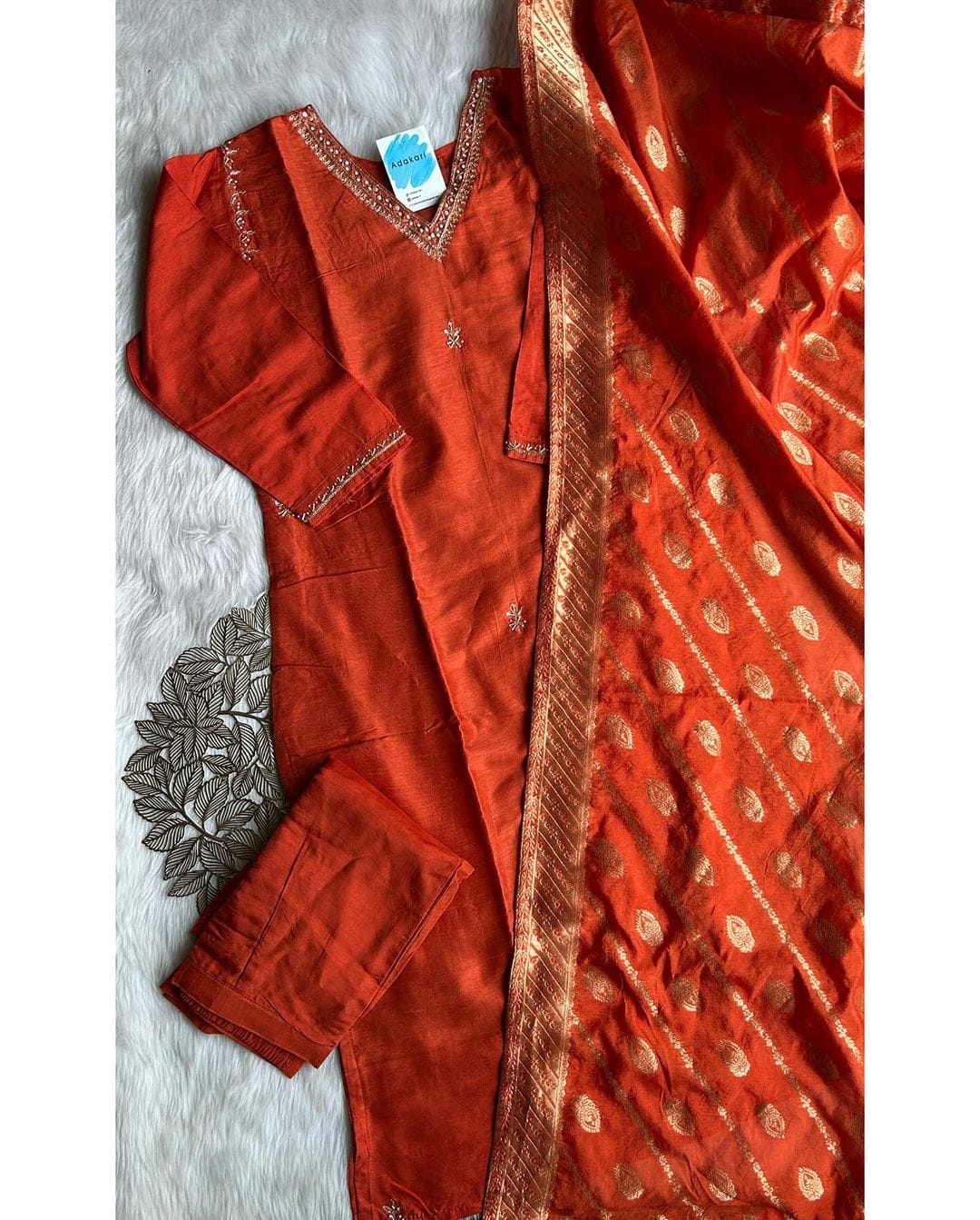 ‘’RUST” orange banarsi dola silk set