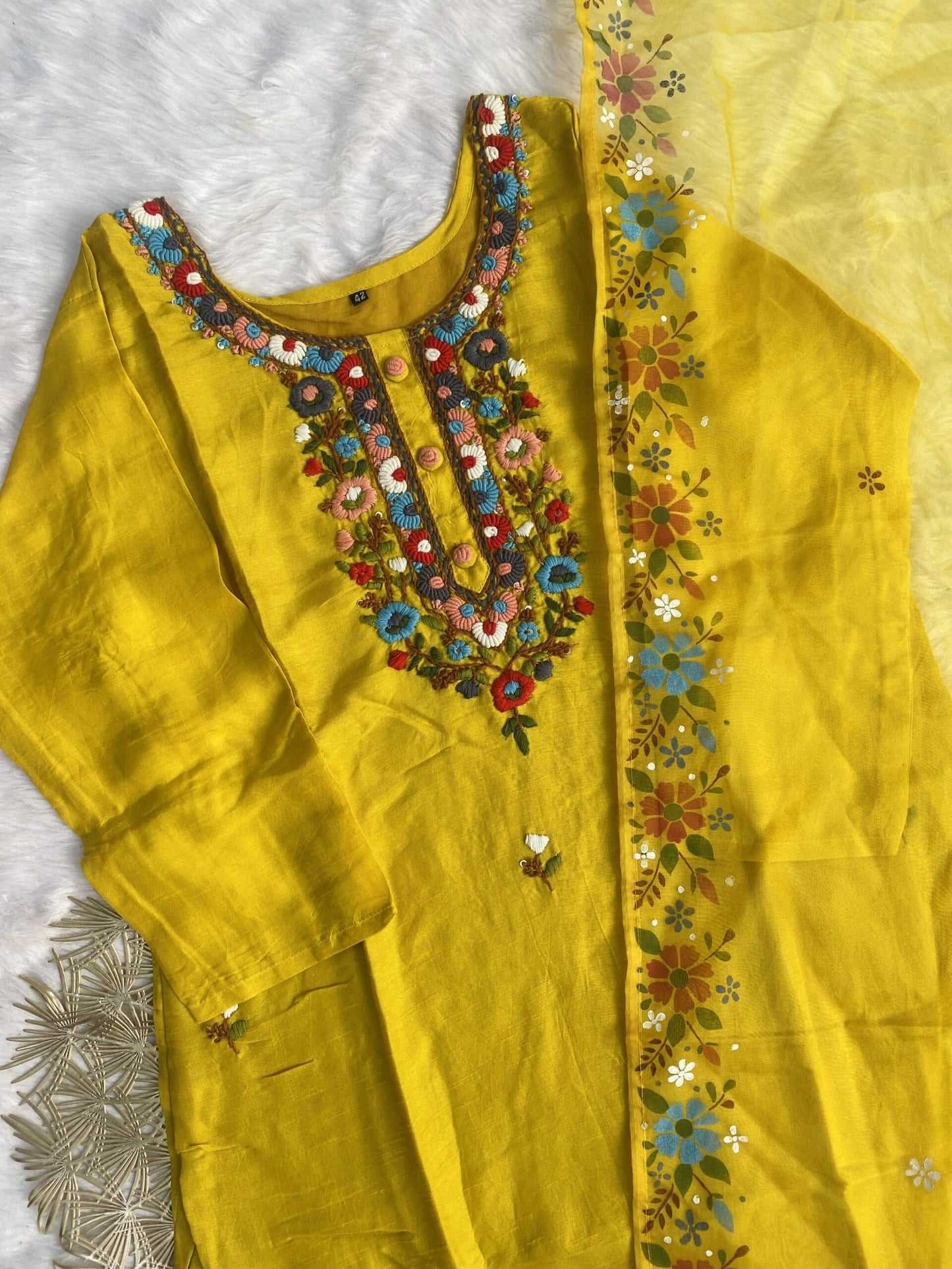 ‘’KASHISH” Handcrafted Dola Silk Kurta Dupatta Bottom Set