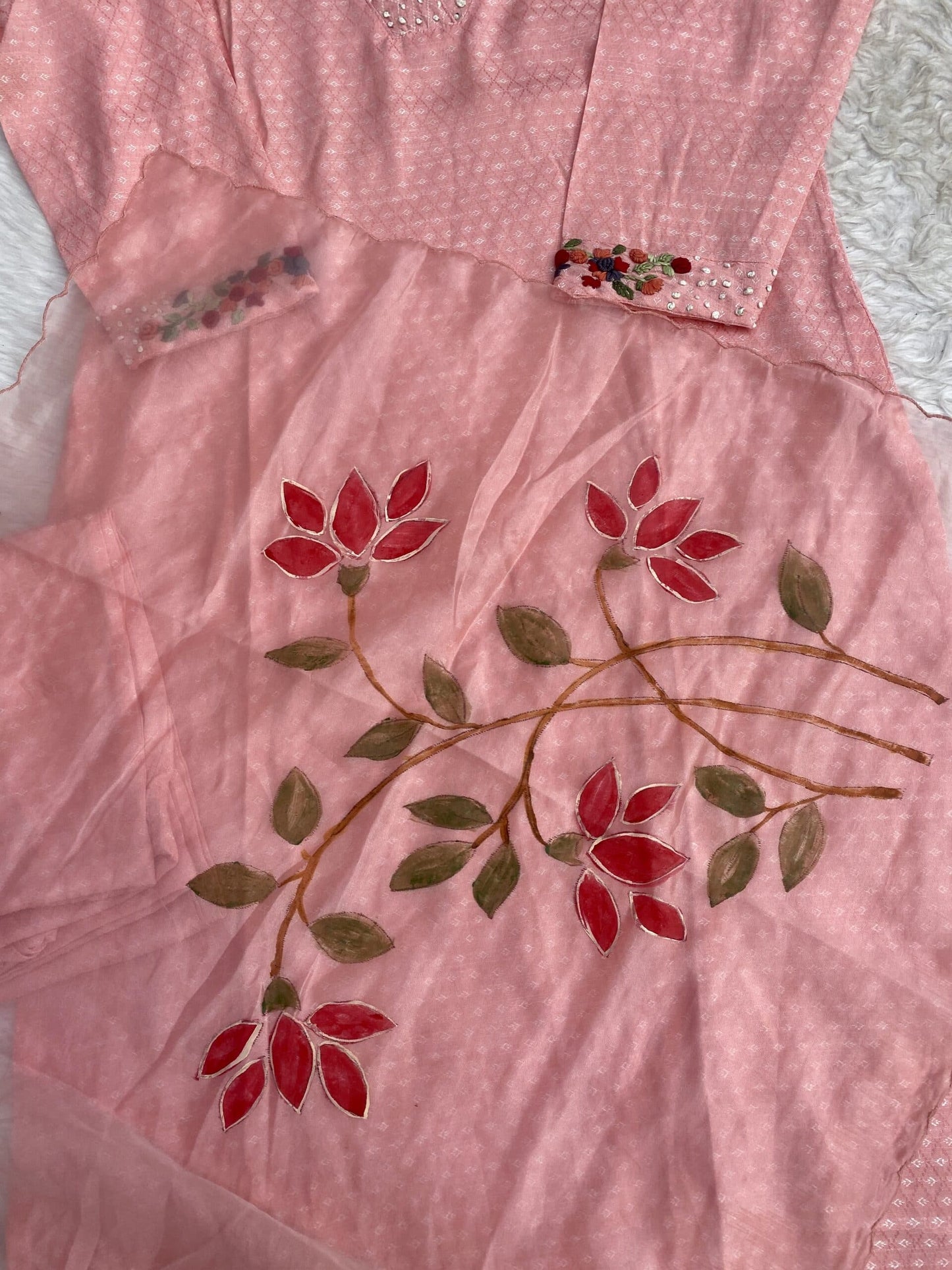 ‘’GULSHAN” Pink cotton handwork kurti dupatta bottom set