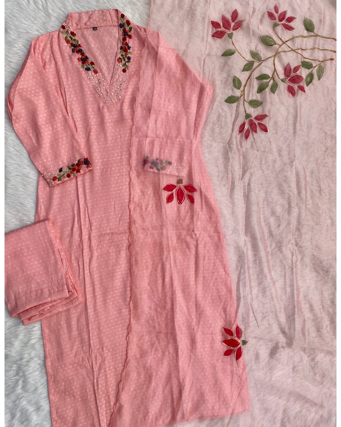 ‘’GULSHAN” Pink cotton handwork kurti dupatta bottom set