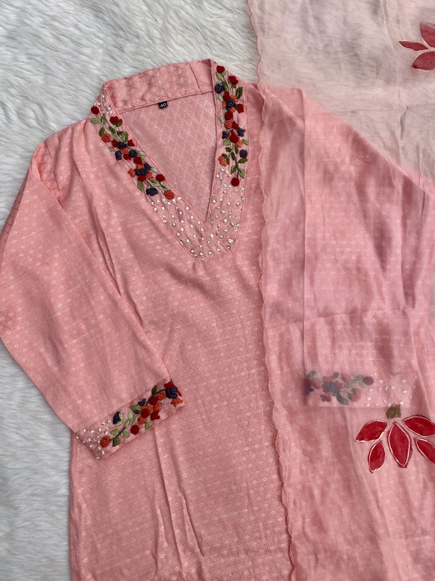 ‘’GULSHAN” Pink cotton handwork kurti dupatta bottom set