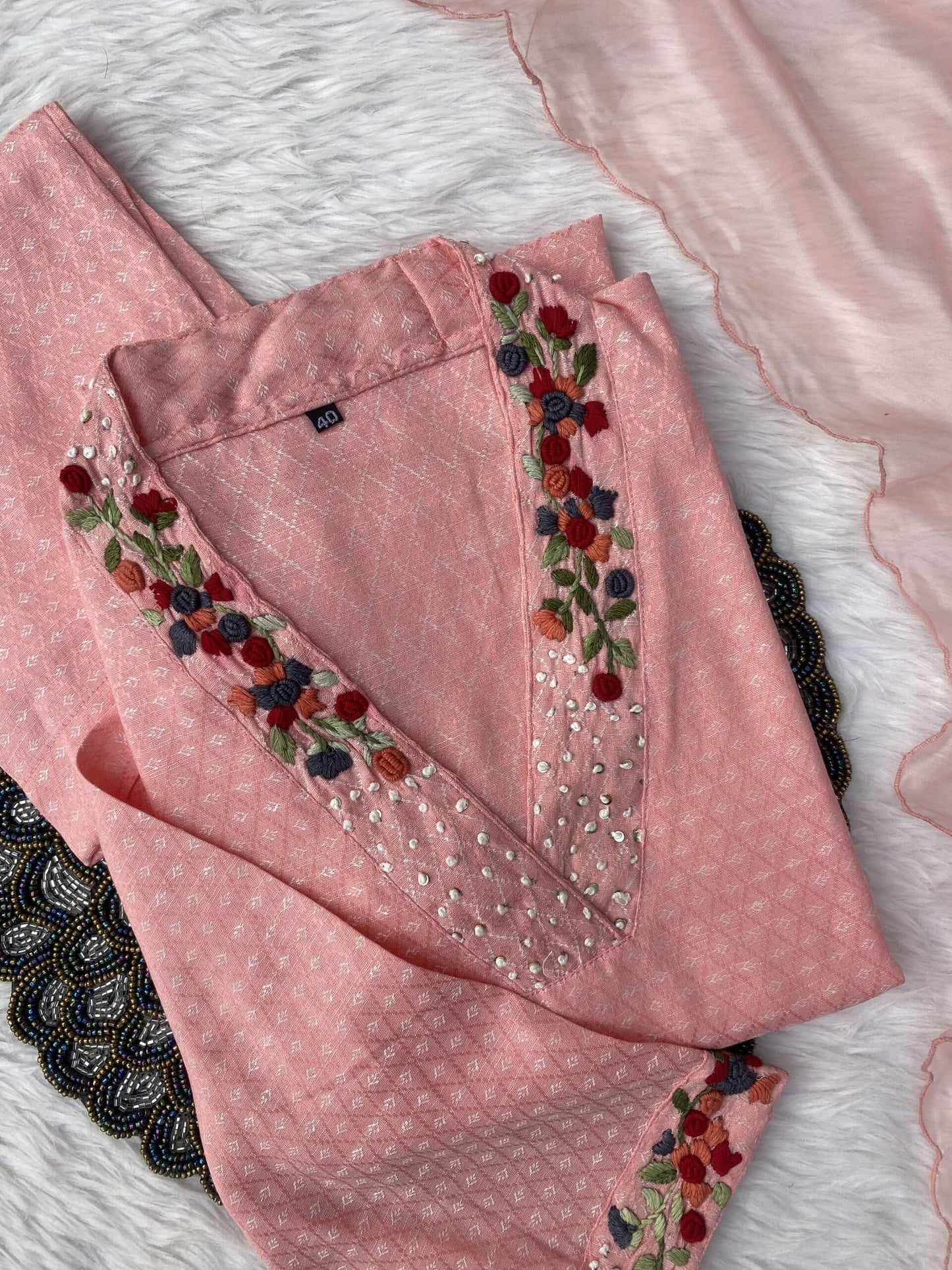 ‘’GULSHAN” Pink cotton handwork kurti dupatta bottom set