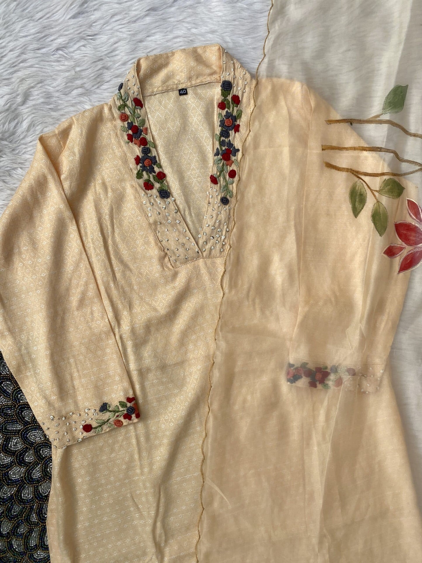 ‘’GULSHAN” Yellow cotton handwork kurti dupatta bottom set