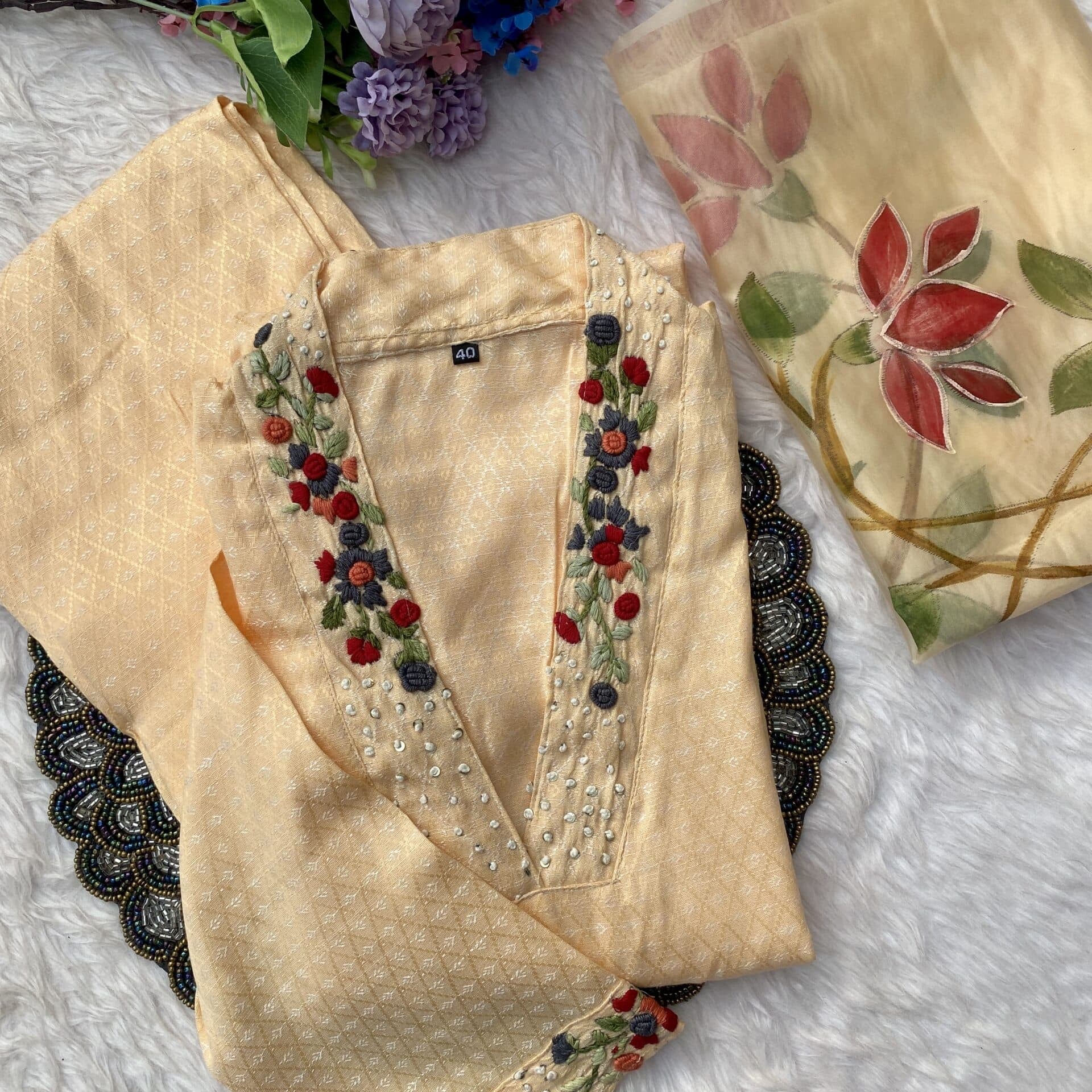 ‘’GULSHAN” Yellow cotton handwork kurti dupatta bottom set