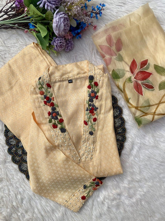 ‘’GULSHAN” Yellow cotton handwork kurti dupatta bottom set