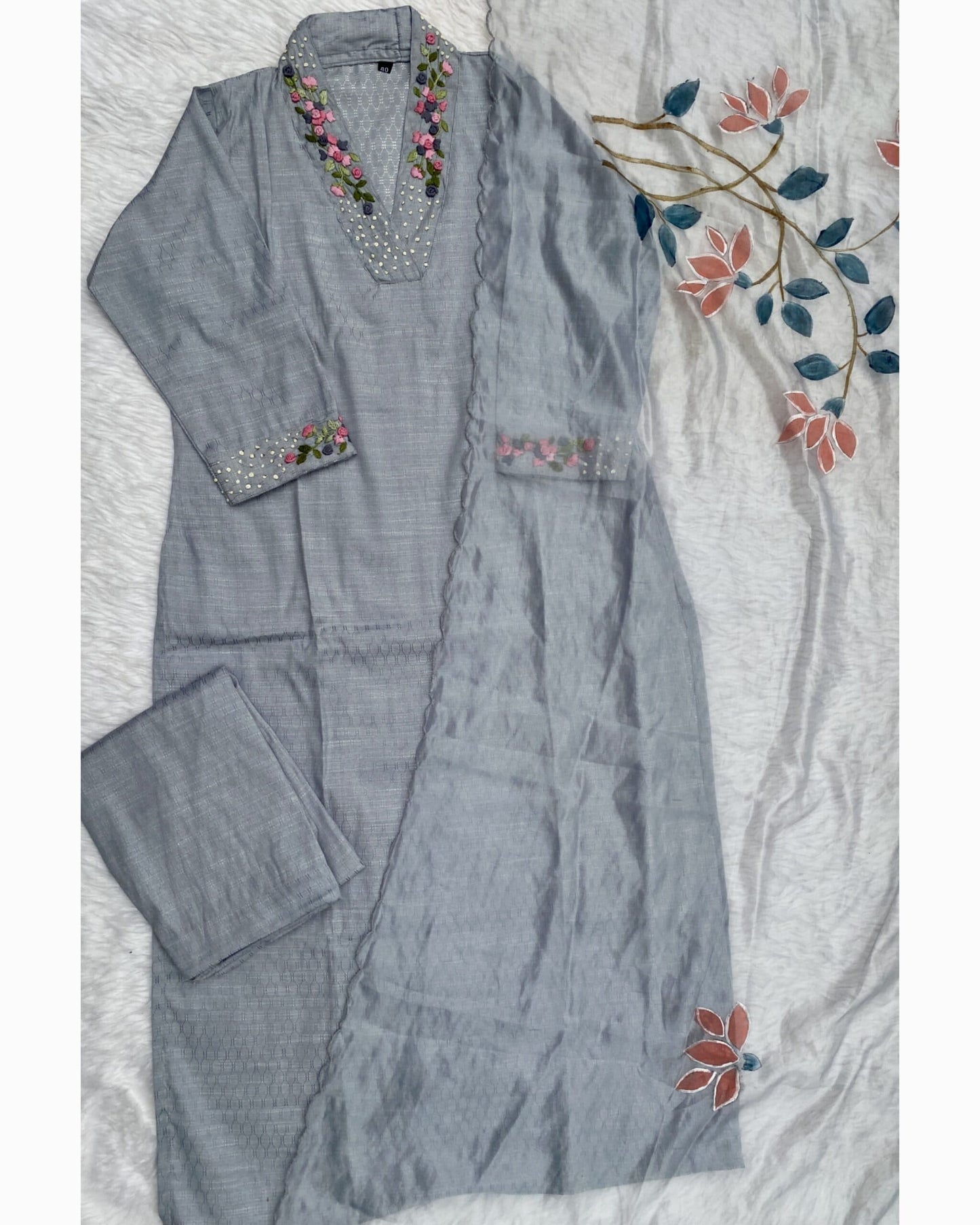 ‘’GULSHAN” Gray cotton handwork kurti dupatta bottom set