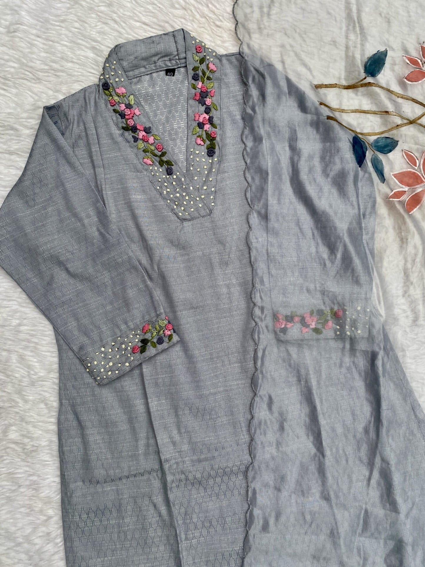 ‘’GULSHAN” Gray cotton handwork kurti dupatta bottom set