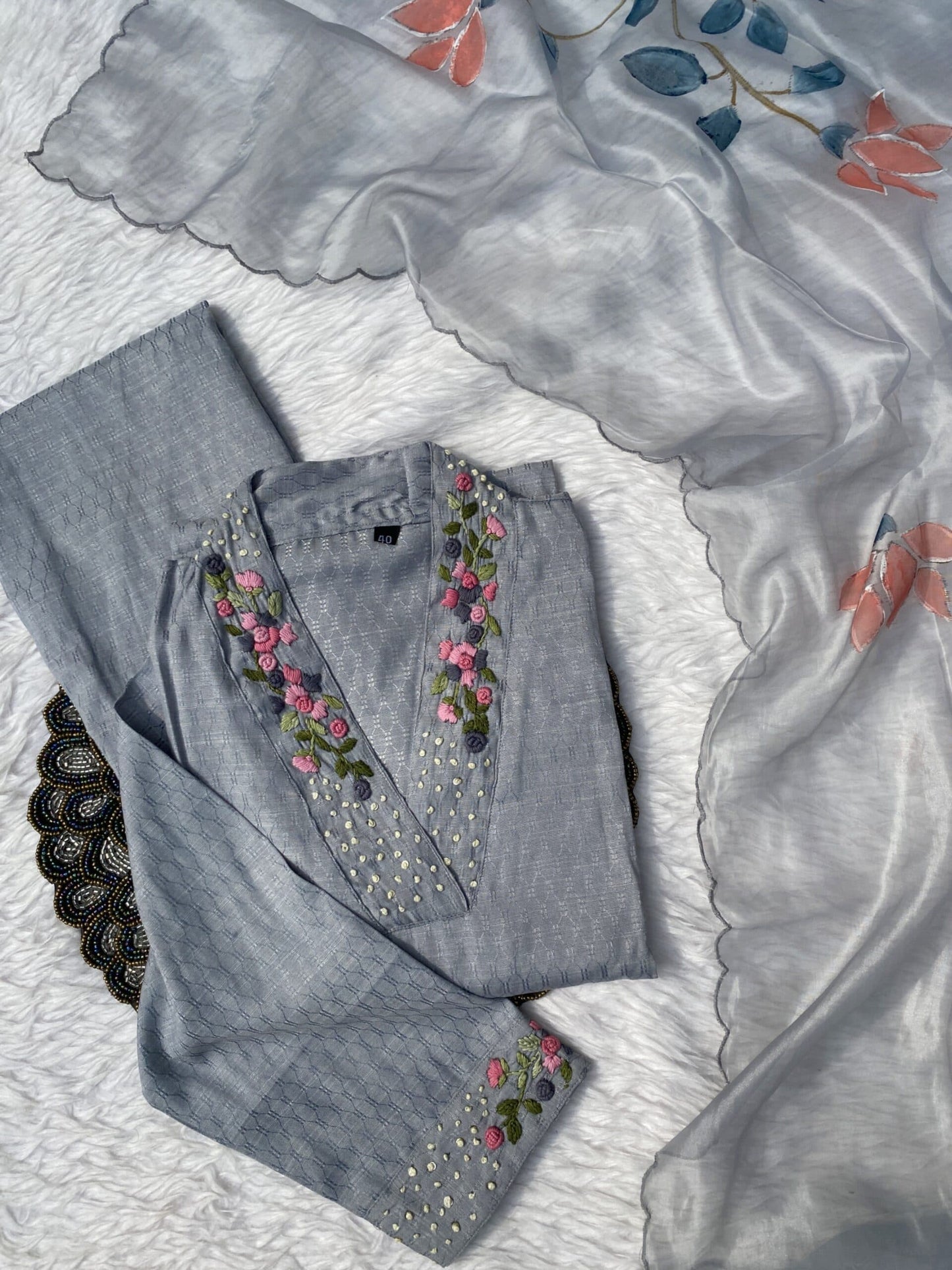 ‘’GULSHAN” Gray cotton handwork kurti dupatta bottom set