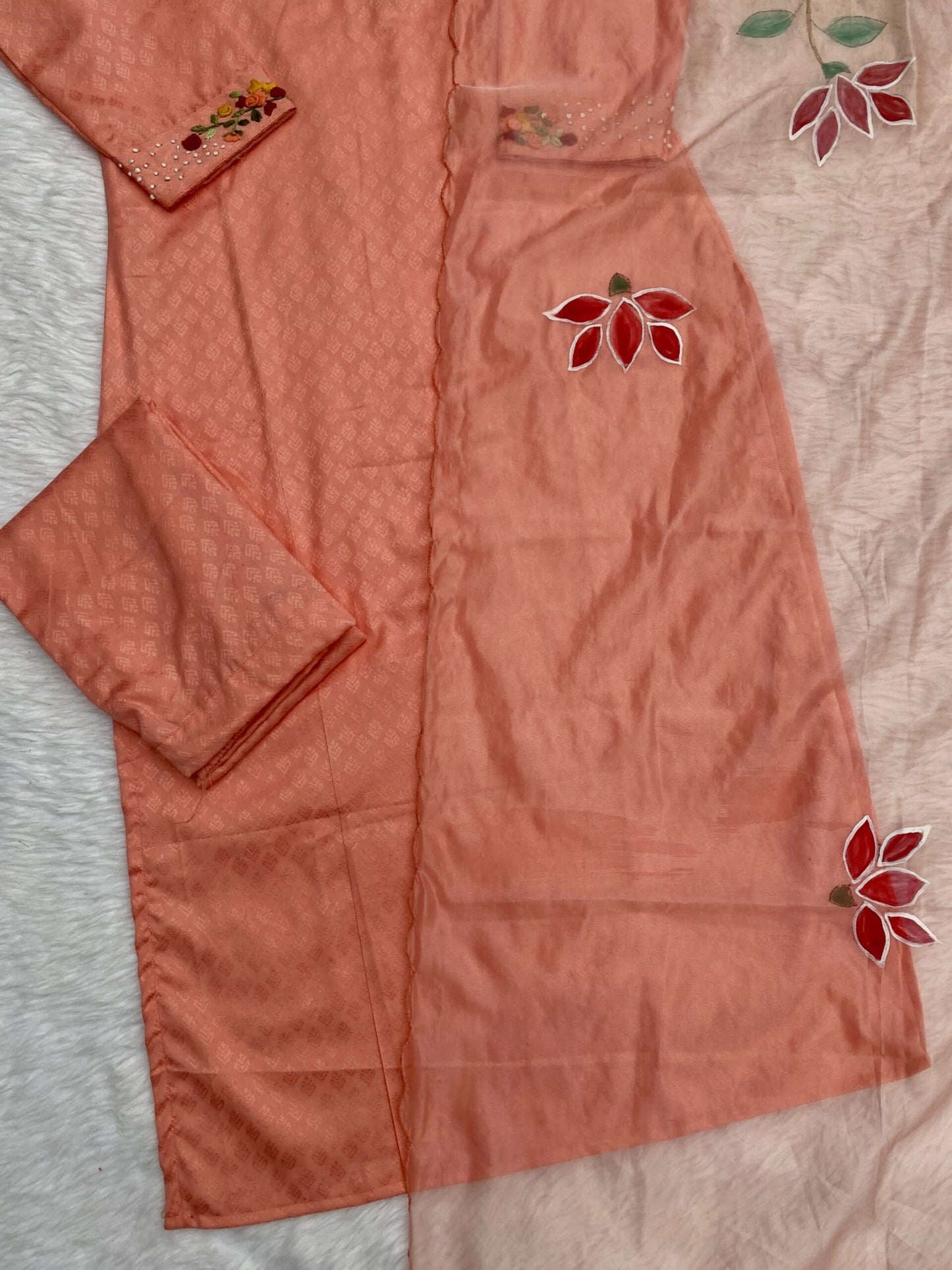 ‘’GULSHAN” Orange cotton handwork kurti dupatta bottom set