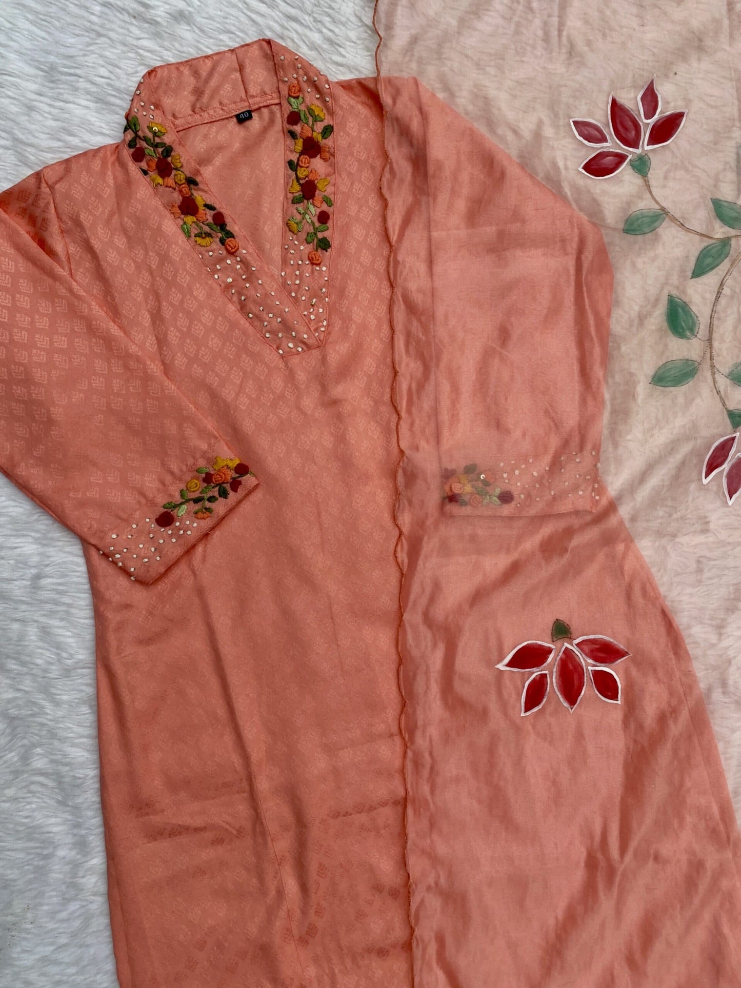 ‘’GULSHAN” Orange cotton handwork kurti dupatta bottom set