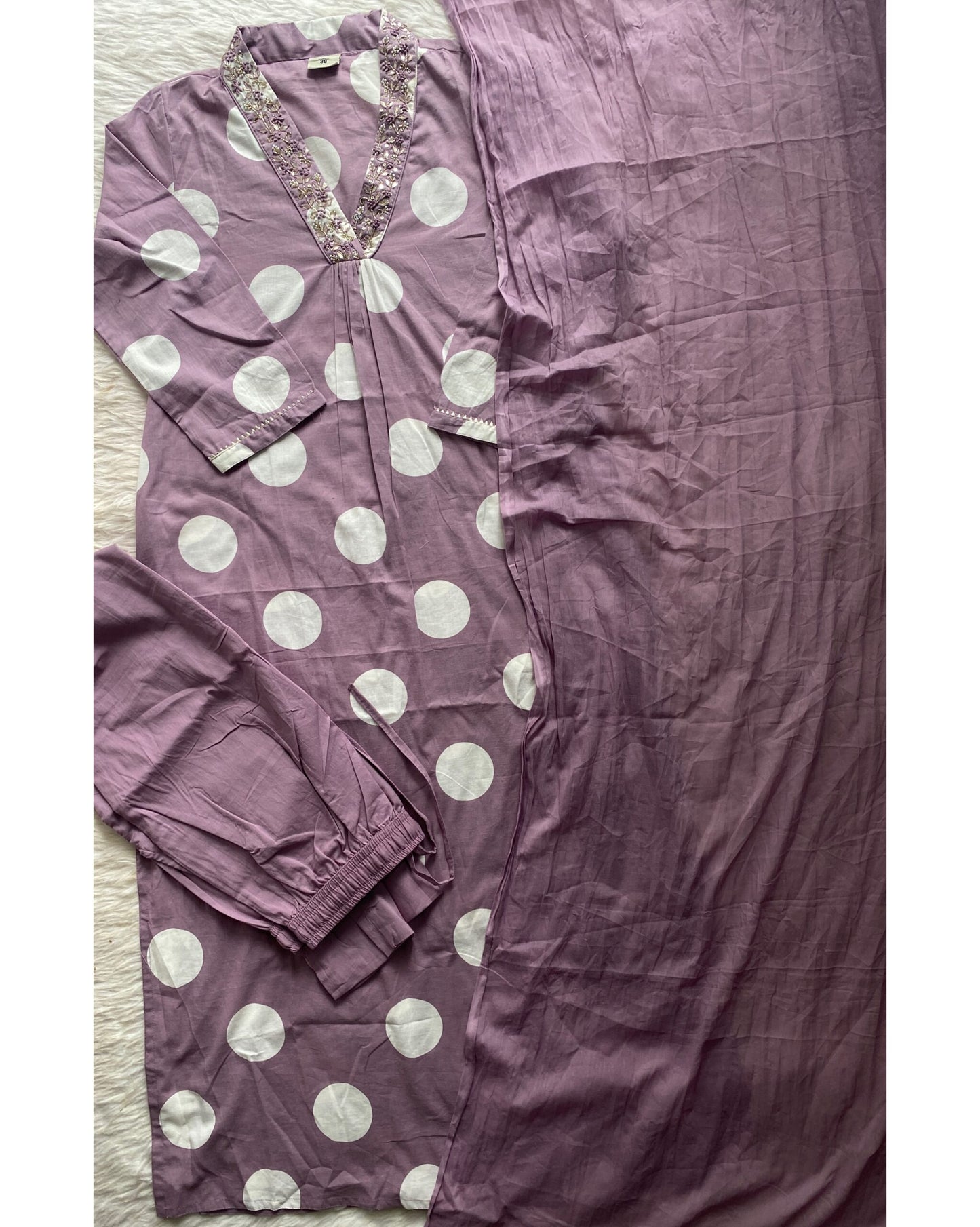 “Yarana” V neck cotton Polka Dots kurti dupatta bottom set