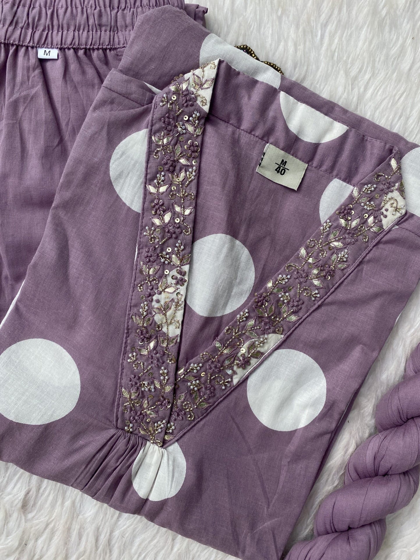 “Yarana” V neck cotton Polka Dots kurti dupatta bottom set