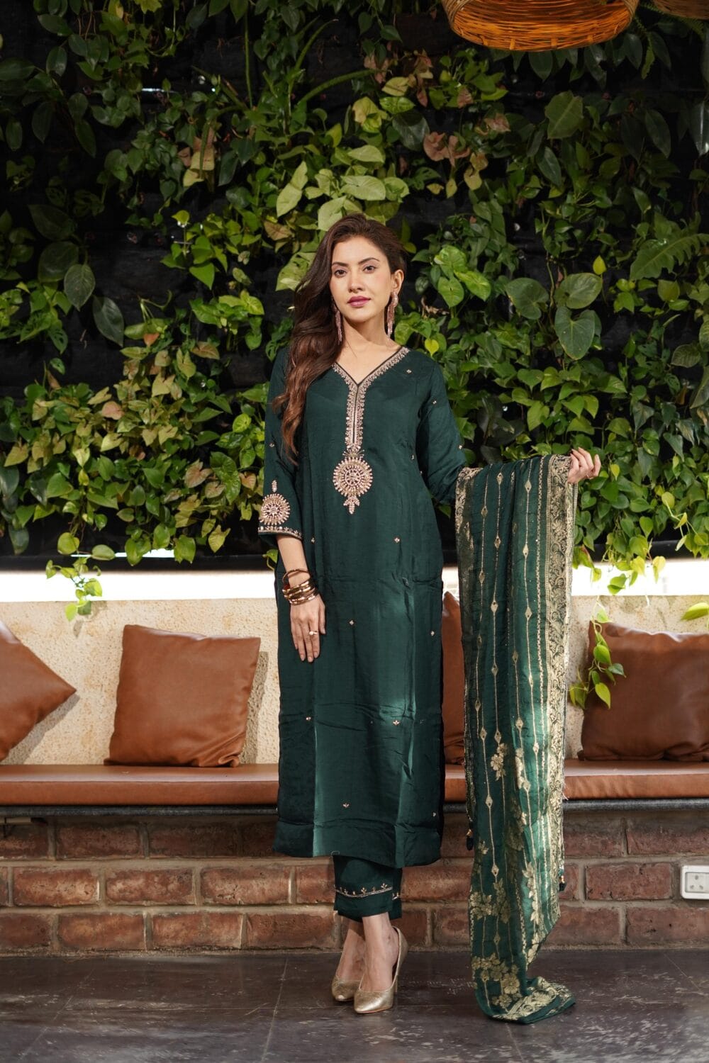 “Nitu” Bottle green Party wear Premium range dola silk set