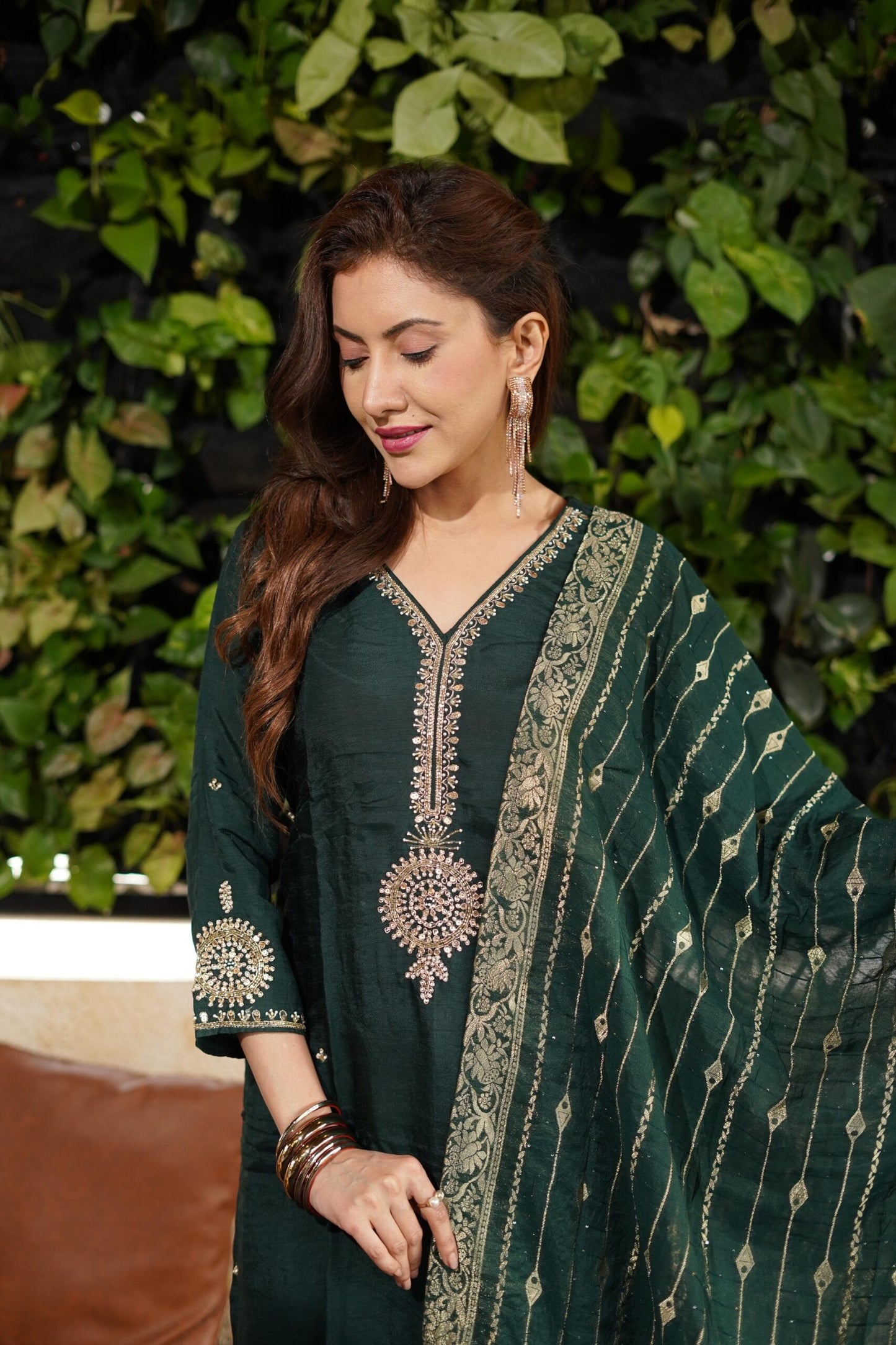 “Nitu” Bottle green Party wear Premium range dola silk set