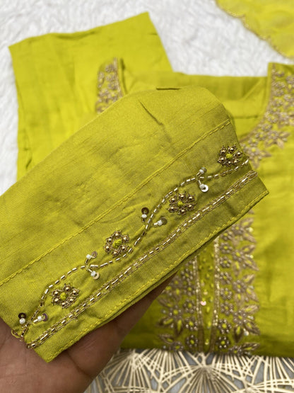 “Surbhi” Handwork Dola silk kurti pant with dupatta set