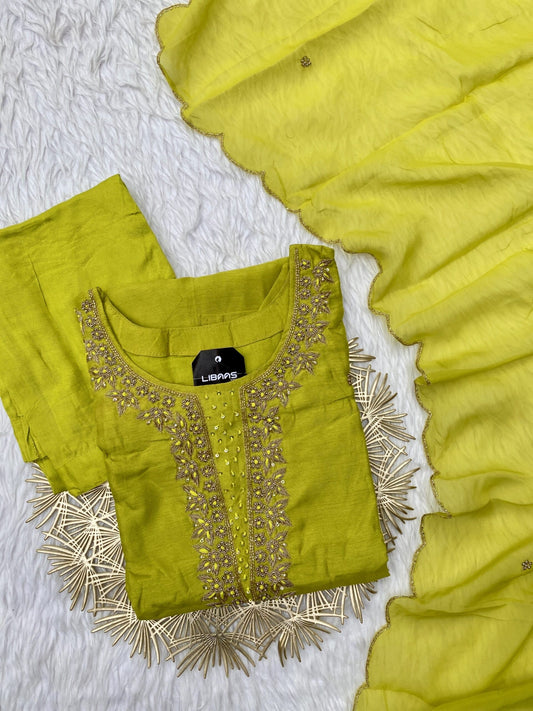 “Surbhi” Handwork Dola silk kurti pant with dupatta set