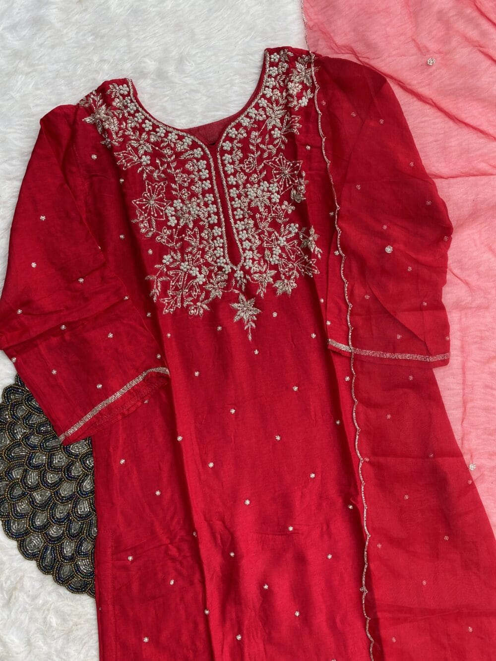 “Adab” Heavy Cutdana and pearl work dola silk set