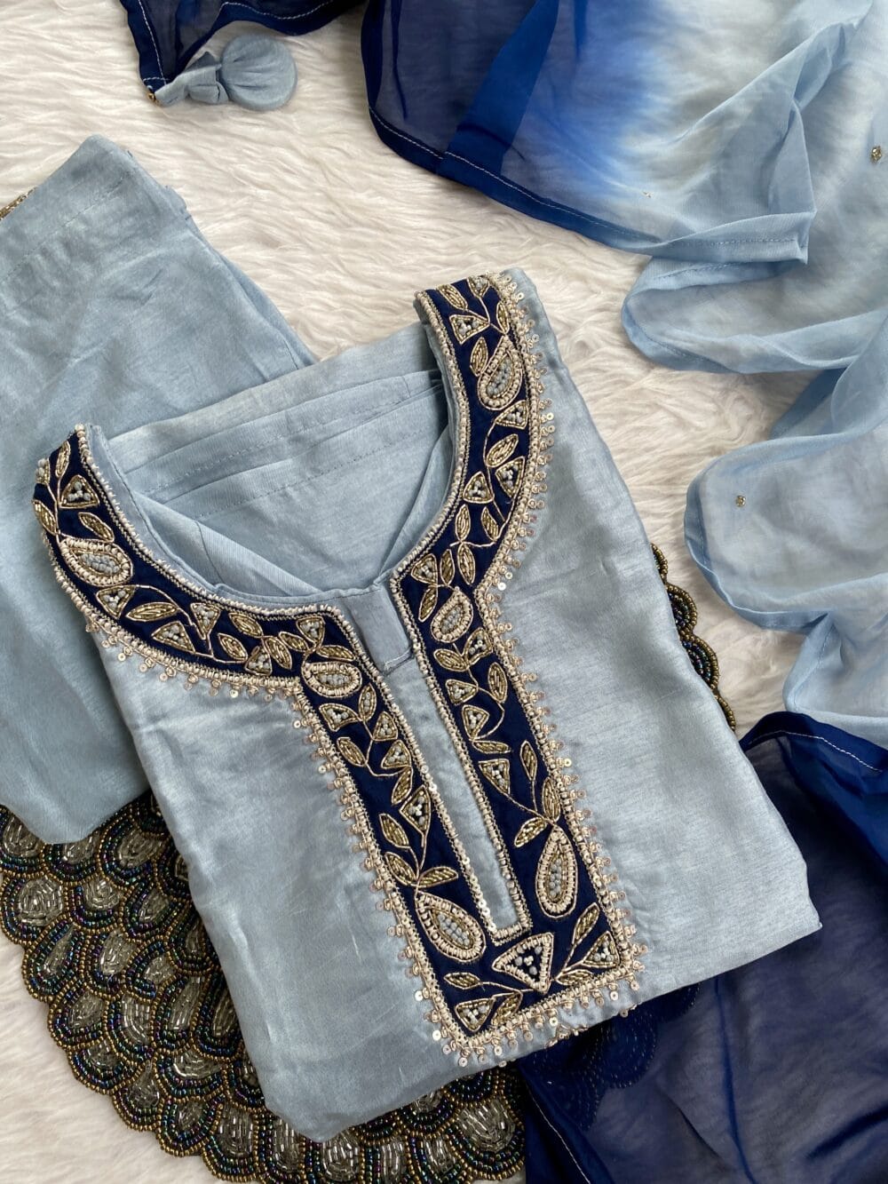 “Chanda” Beautiful blue shade Handwork kurta set