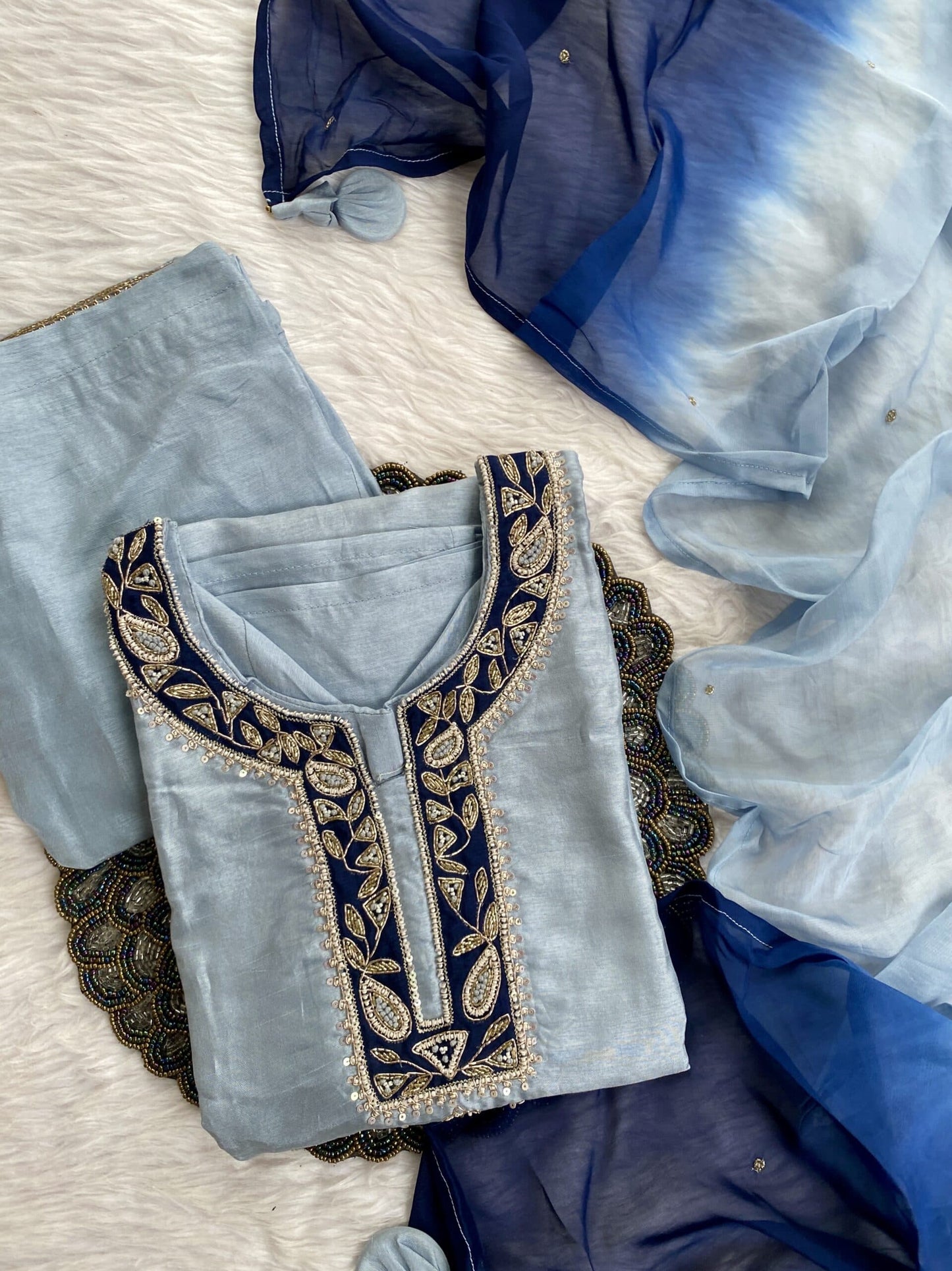 “Chanda” Beautiful blue shade Handwork kurta set