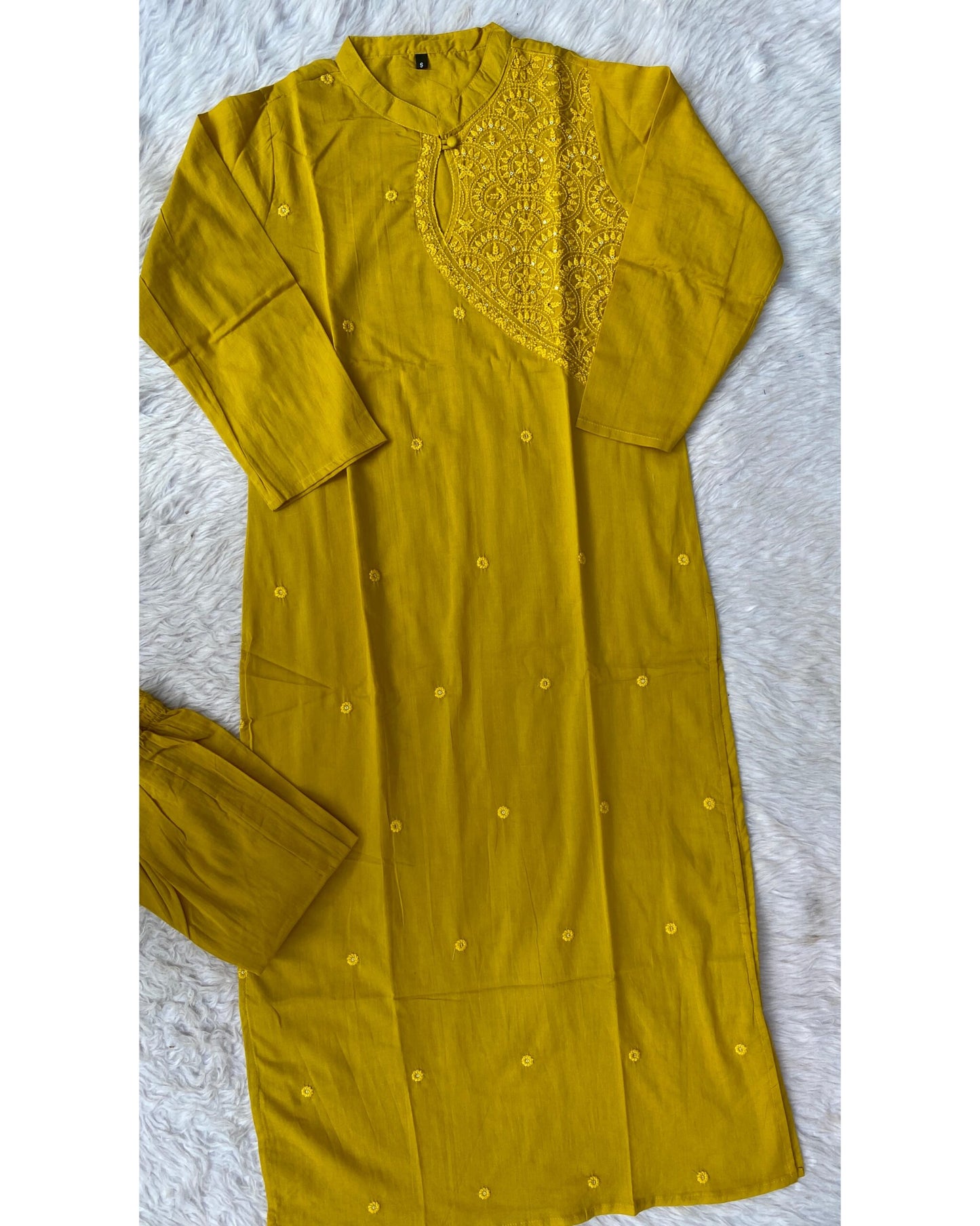 ‘’sana” yellow cotton embroidered kurti pant set