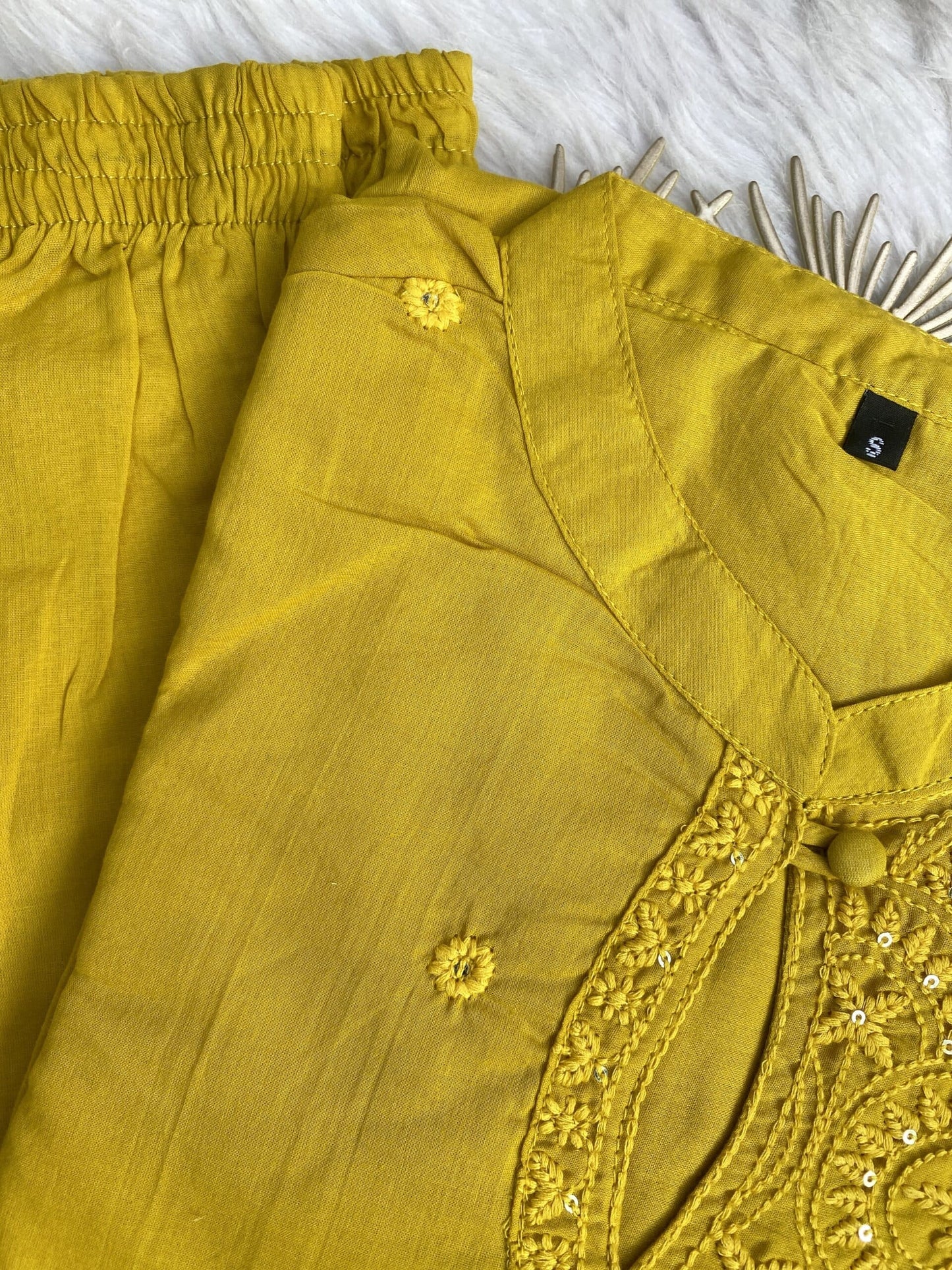 ‘’sana” yellow cotton embroidered kurti pant set