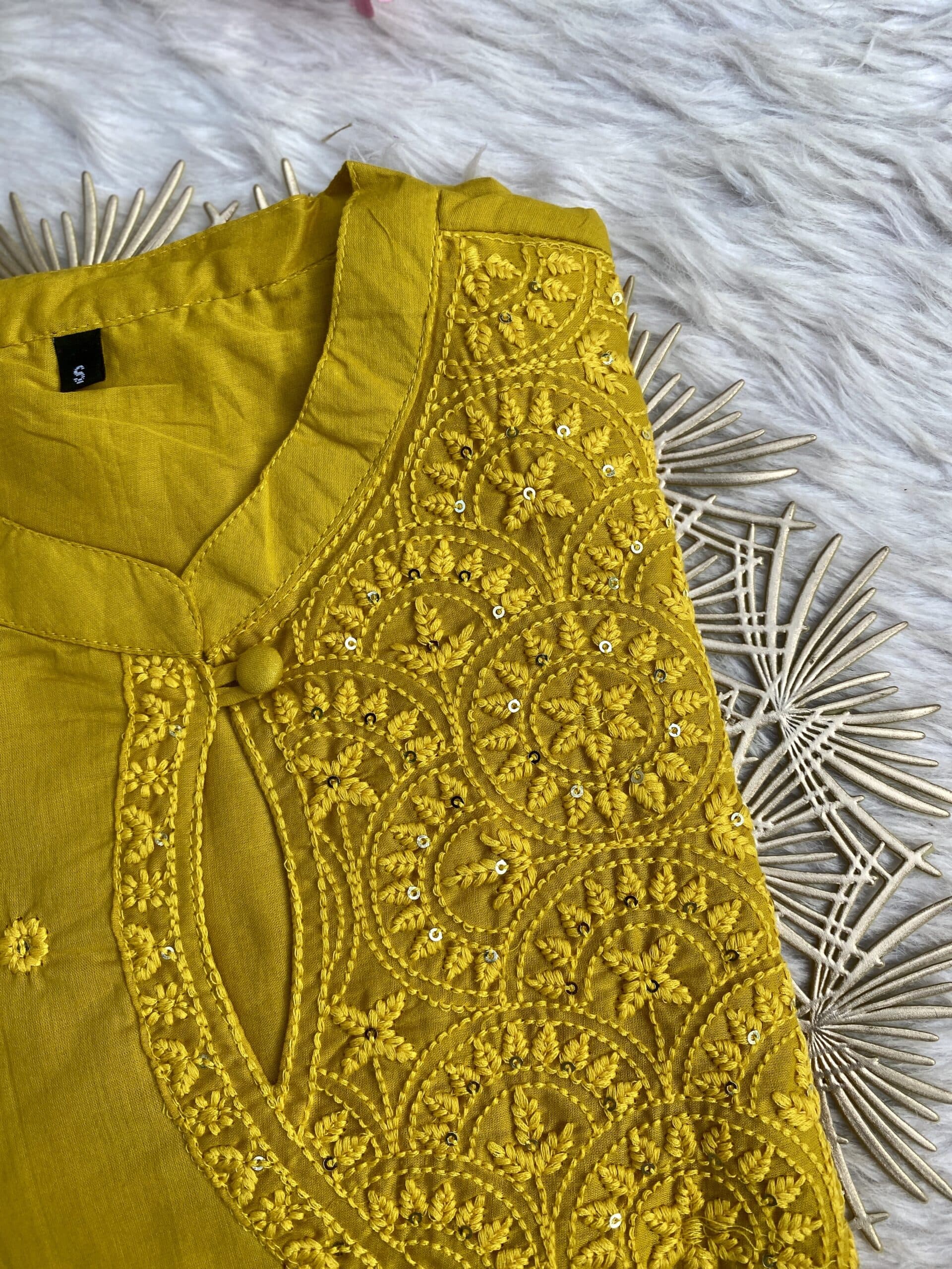 ‘’sana” yellow cotton embroidered kurti pant set