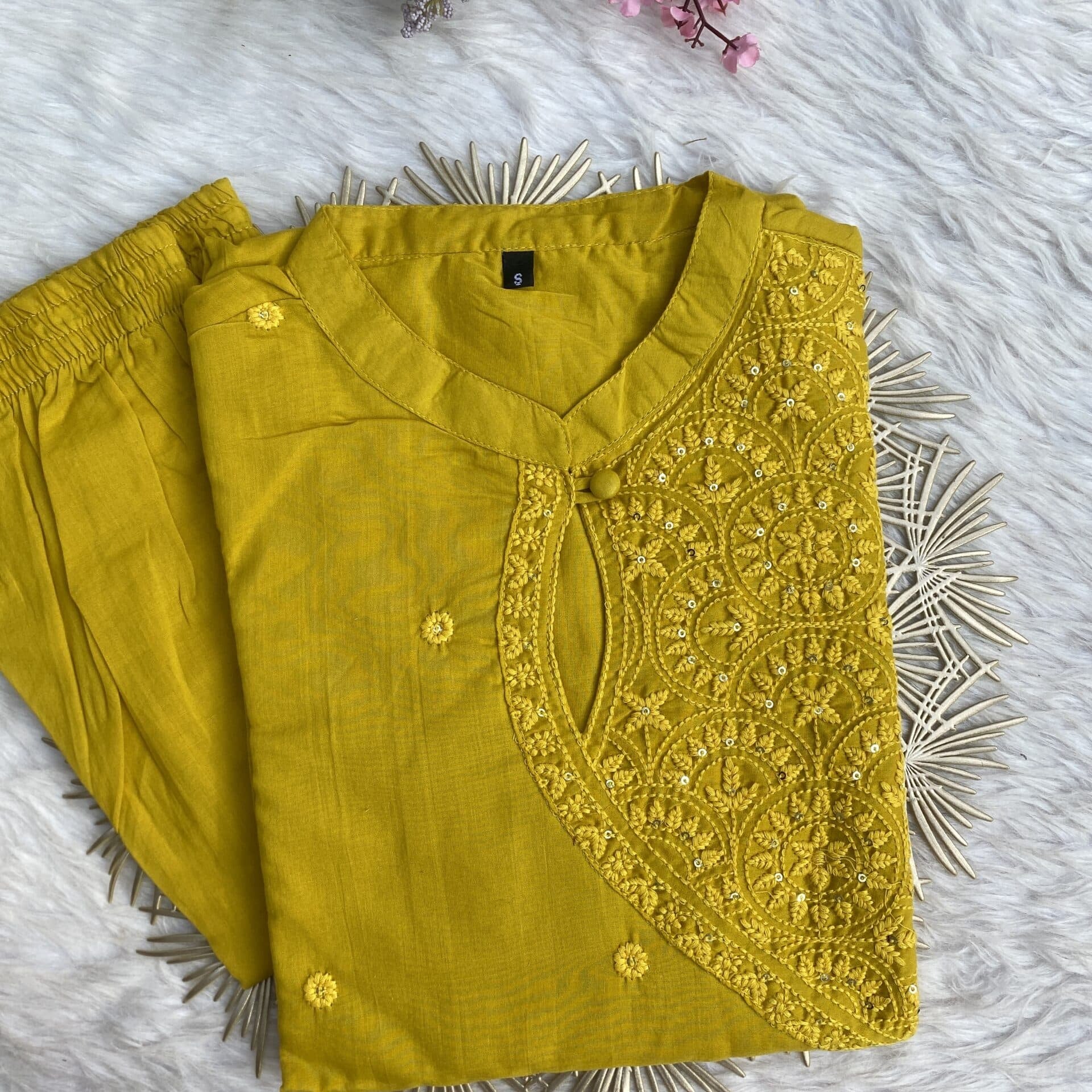 ‘’sana” yellow cotton embroidered kurti pant set