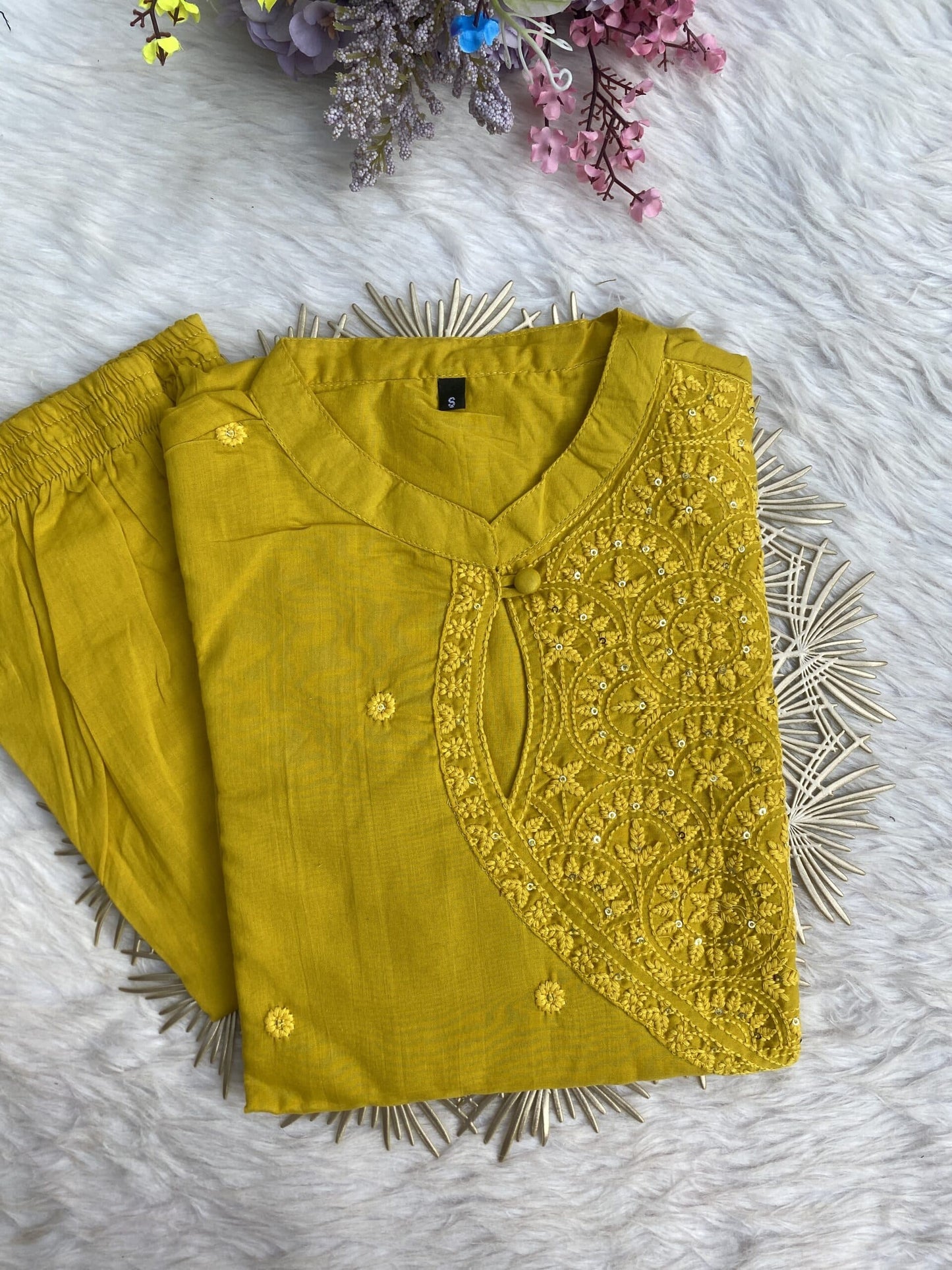 ‘’sana” yellow cotton embroidered kurti pant set