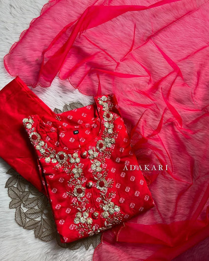 ‘’ BHANDEJ” Beautiful red shade bhandej dola silk set