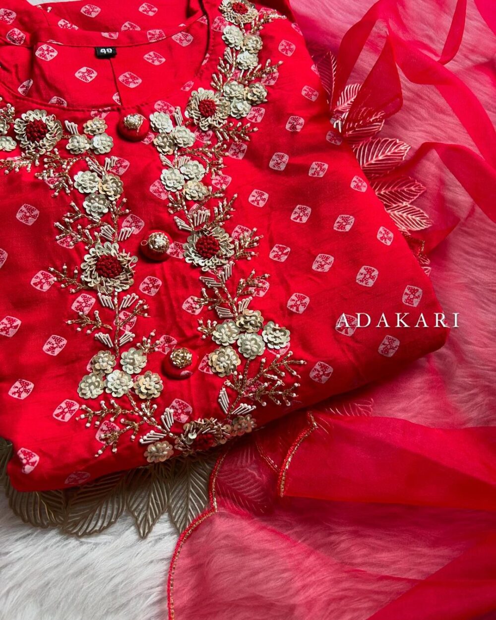 ‘’ BHANDEJ” Beautiful red shade bhandej dola silk set