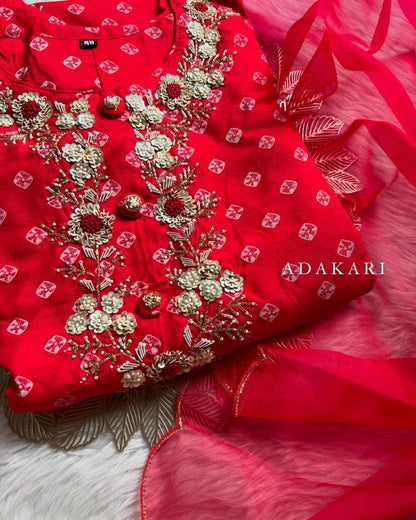 ‘’ BHANDEJ” Beautiful red shade bhandej dola silk set