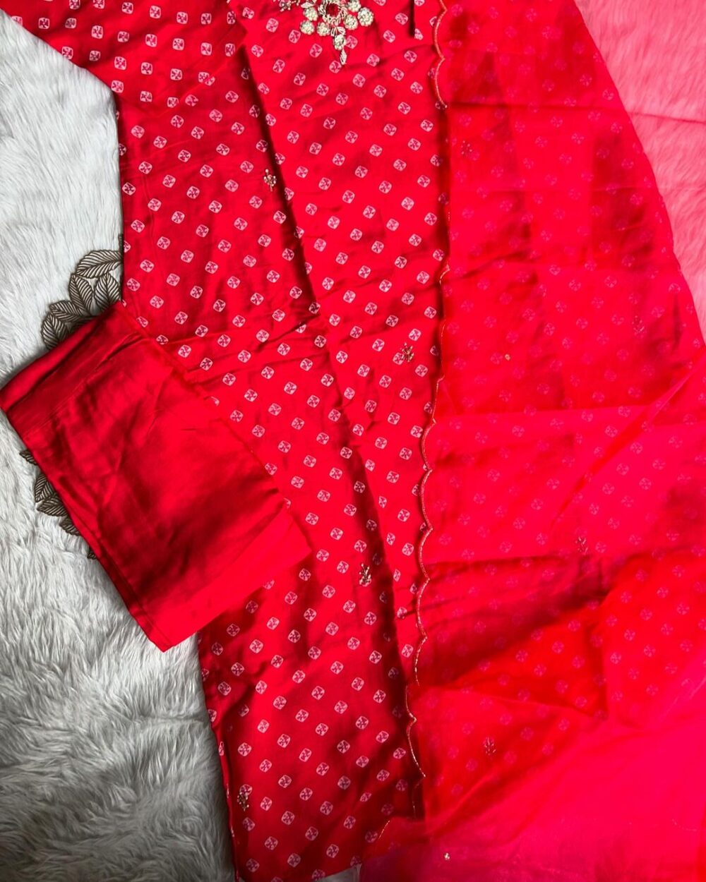 ‘’ BHANDEJ” Beautiful red shade bhandej dola silk set